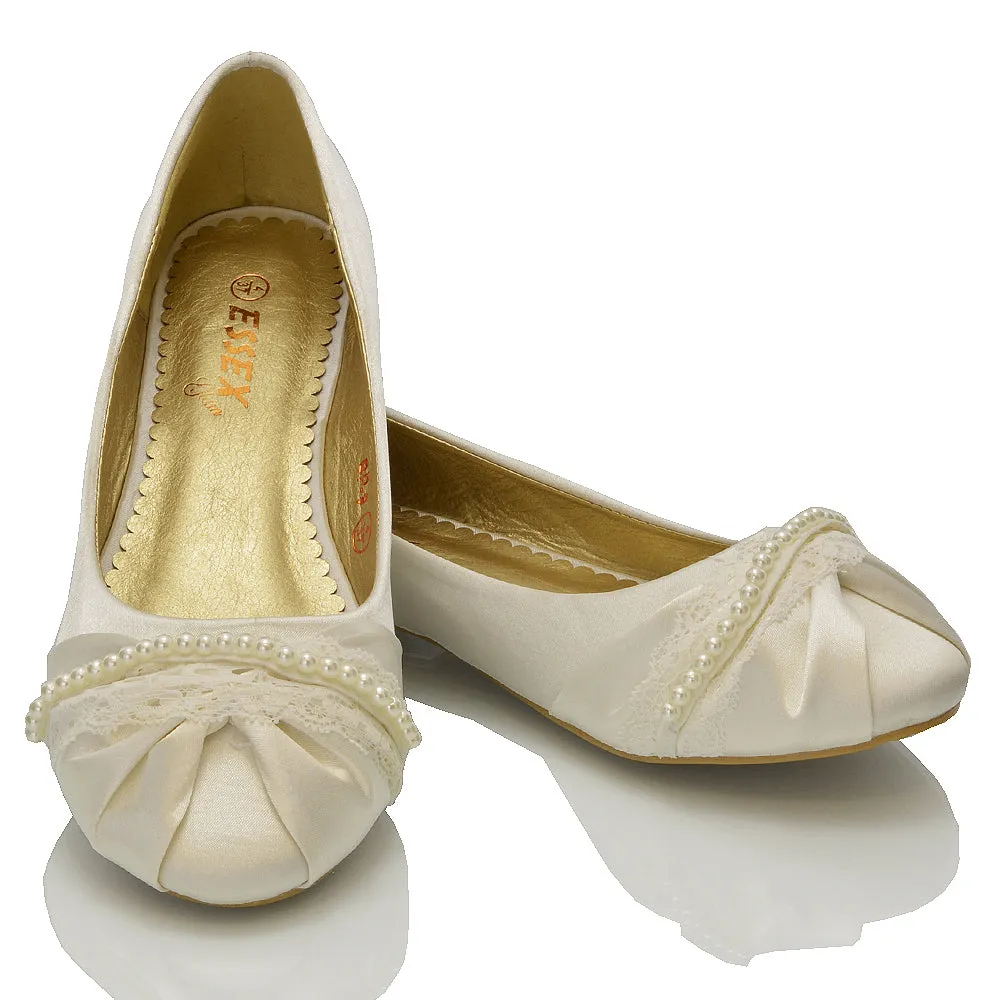 PEARLY BRIDAL FLAT LOW HEEL LACE SPARKLY DIAMANTE WEDDING BALLERINA PUMPS IN IVORY SATIN