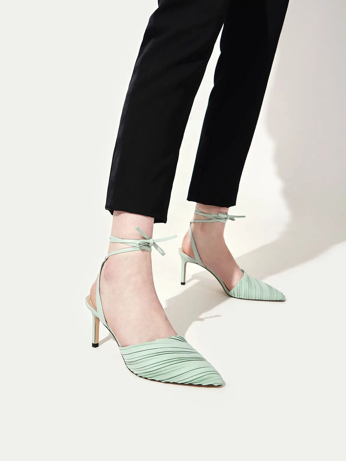 Pleated Ankle-Tie Stiletto Pumps