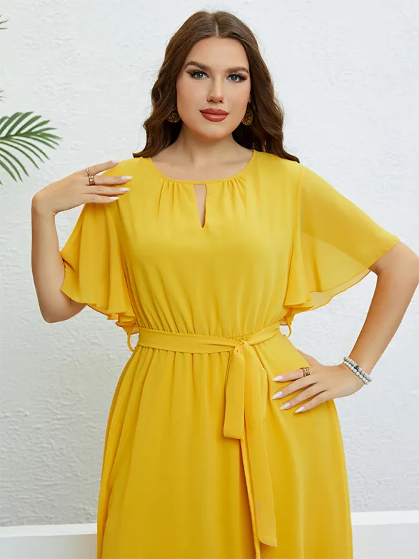 Plus size women's yellow V-neck strappy waist dress