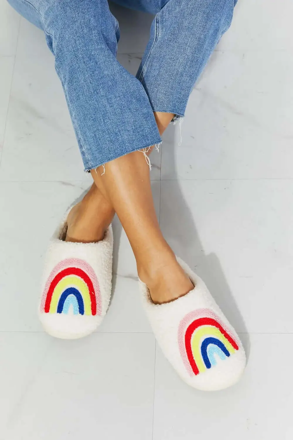 Plush Cute Slippers with Rainbow Graphic