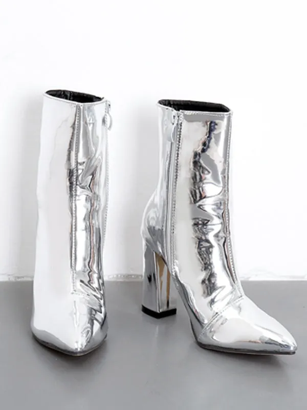 Pointed-Toe Shiny Split-Joint Boots Pumps