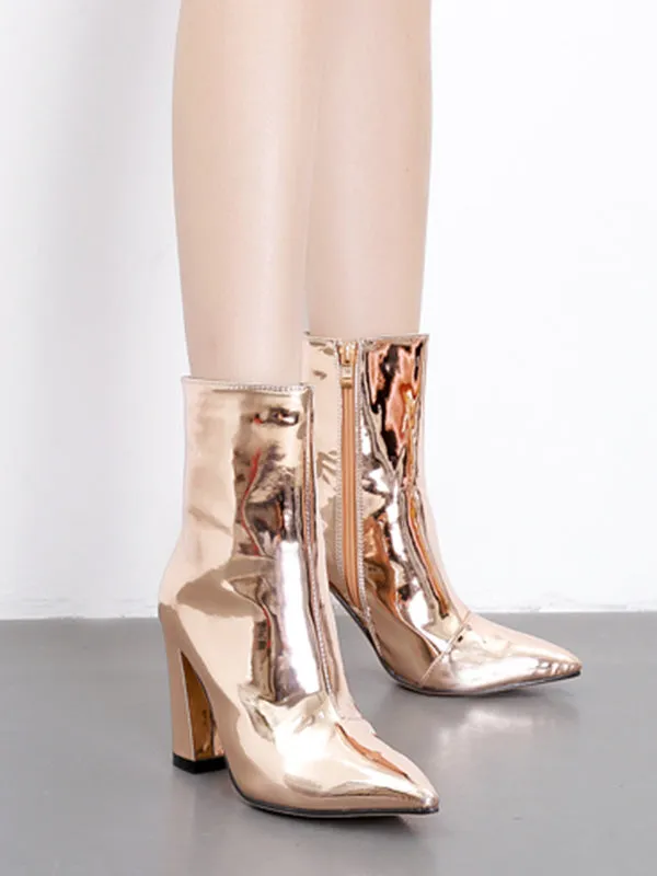 Pointed-Toe Shiny Split-Joint Boots Pumps