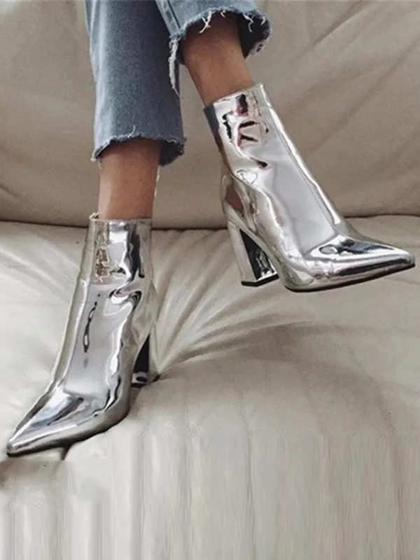 Pointed-Toe Shiny Split-Joint Pumps Boots