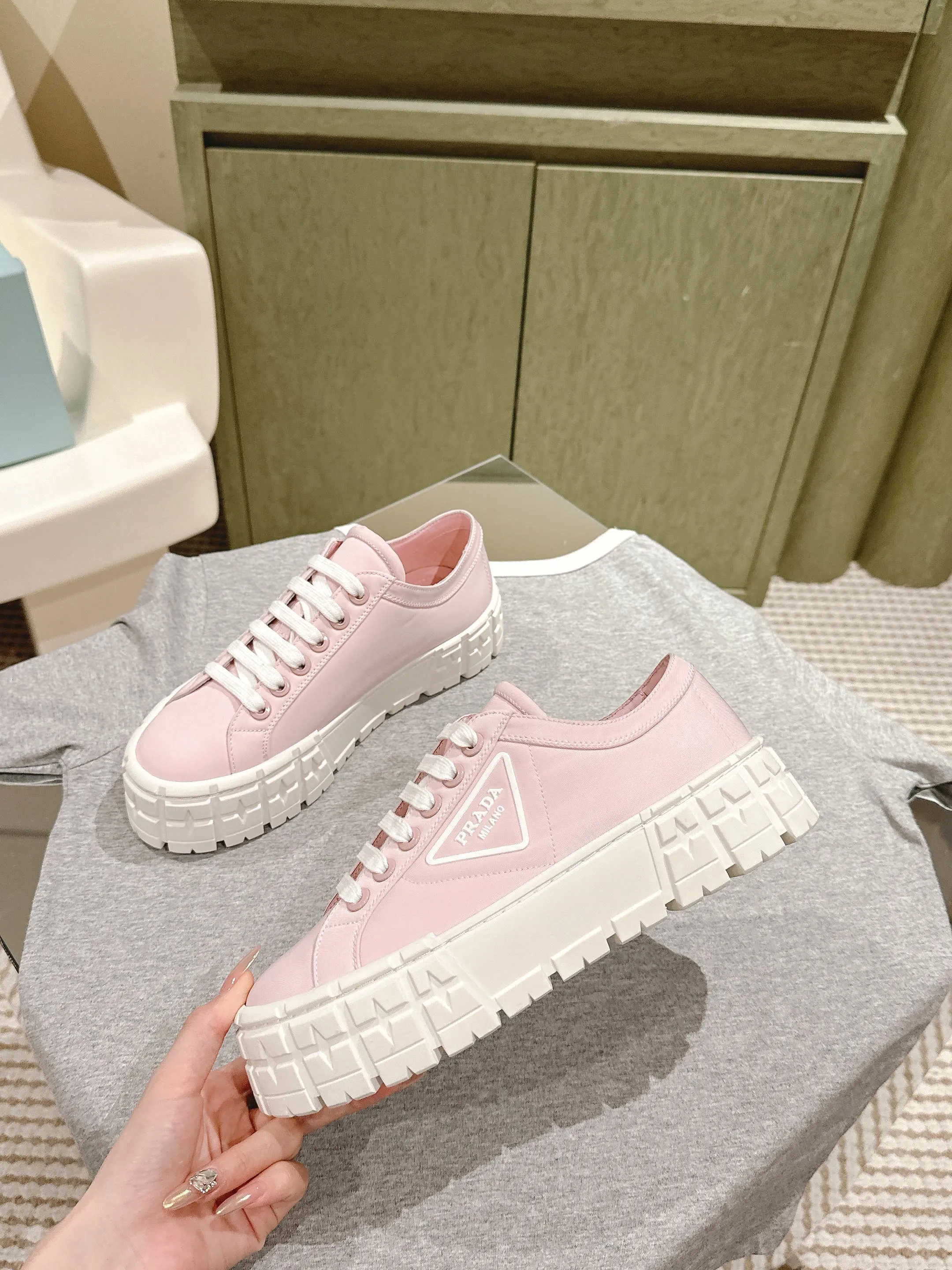 PRA DOUBLE WHEEL RE-NYLON GABARDINE SNEAKERS PASTEL PINK CALFSKIN