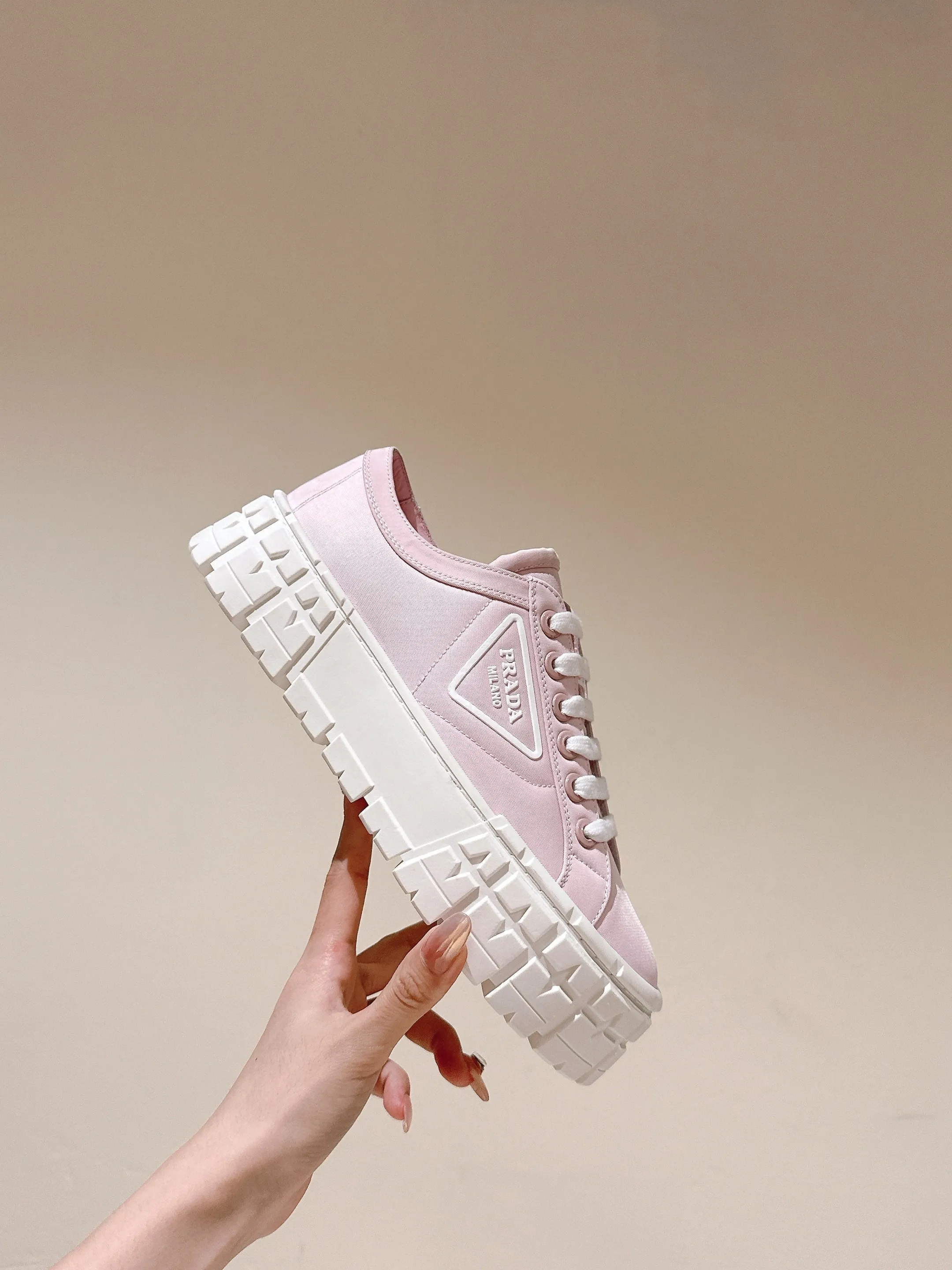 PRA DOUBLE WHEEL RE-NYLON GABARDINE SNEAKERS PASTEL PINK CALFSKIN