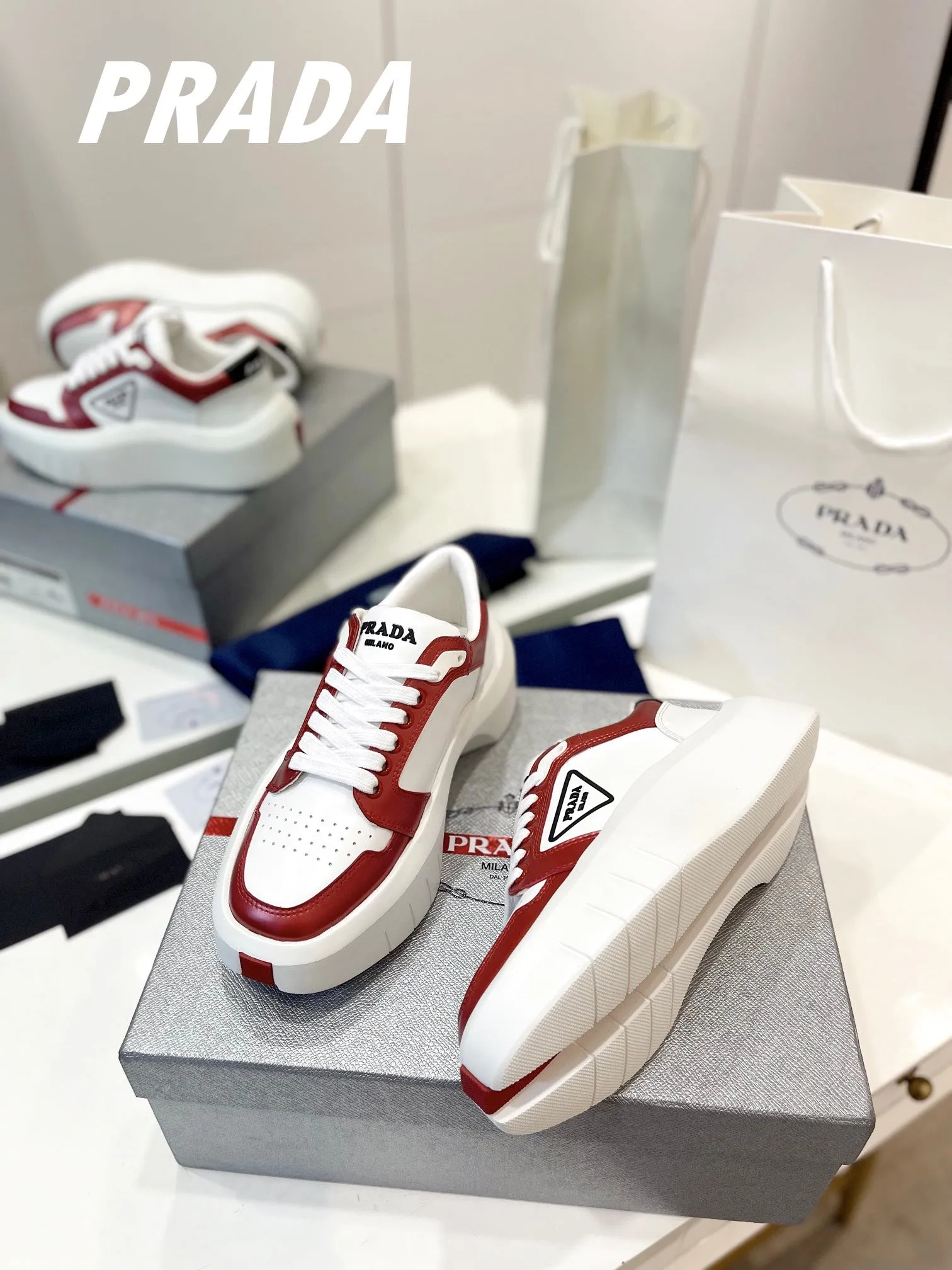 PRA DOWNTOWN THICK-SOLE SNEAKERS WHITE AND CHERRY CALFSKIN