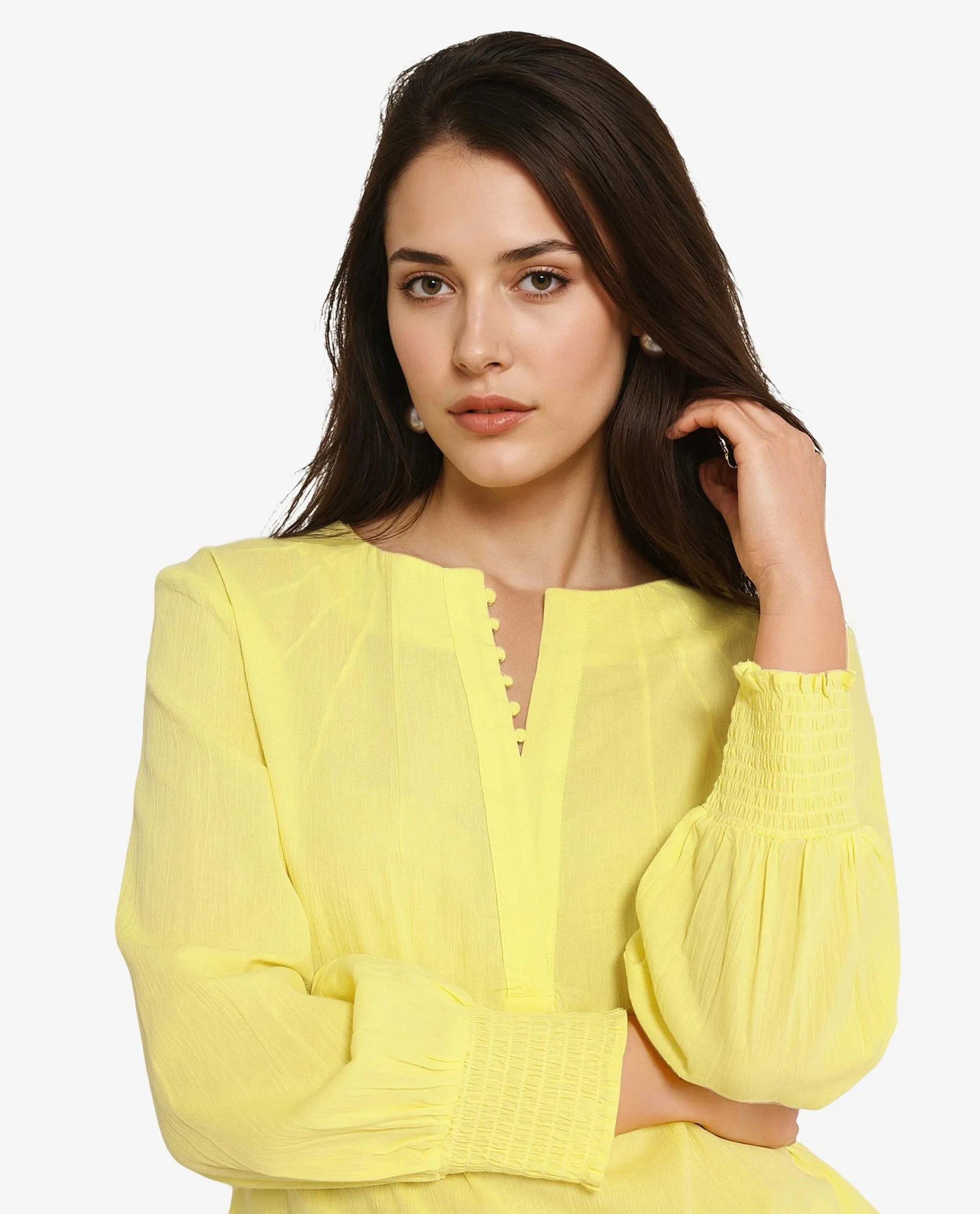 Rareism Women Mante Yellow Bishop Sleeve Round Neck Plain Top