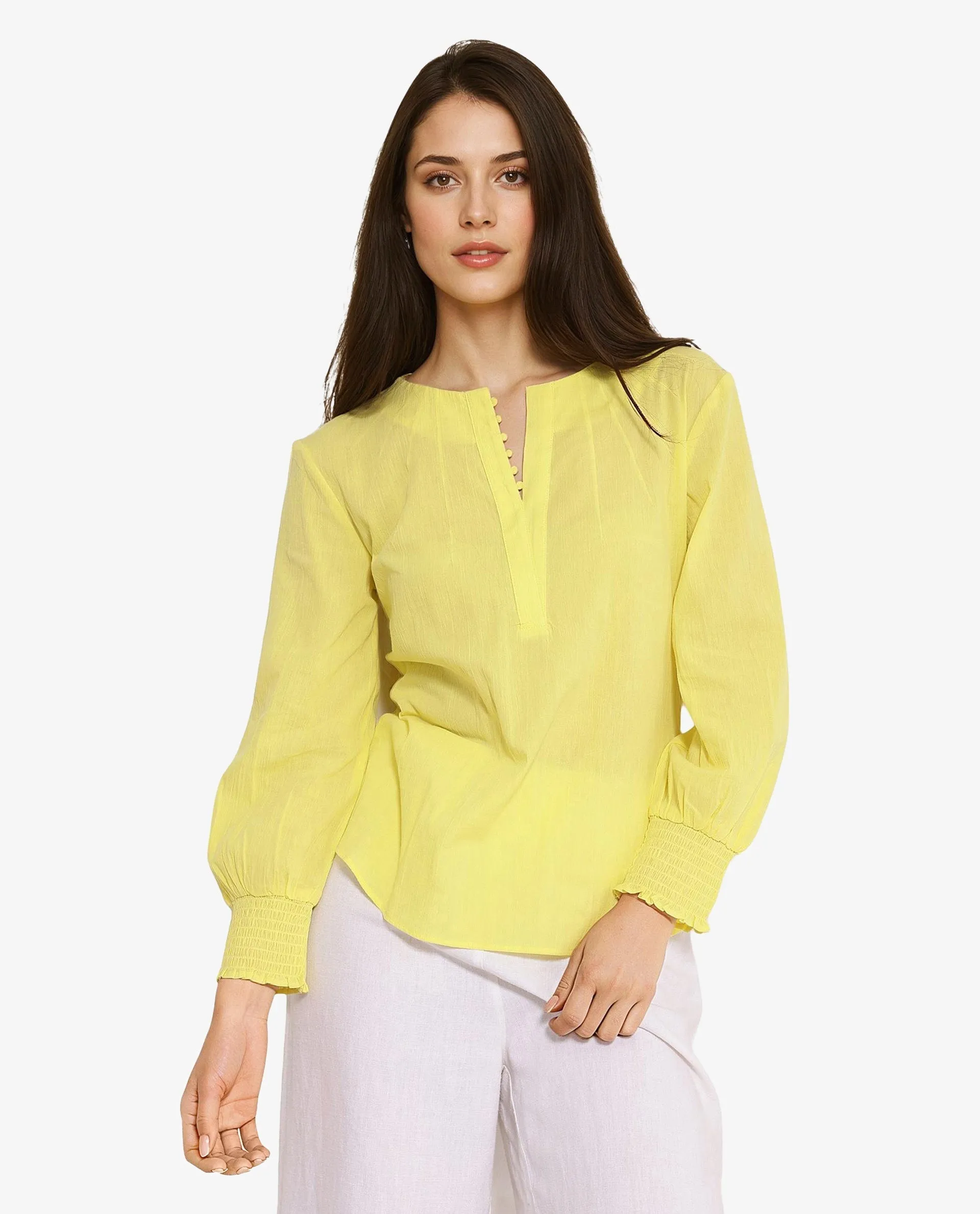 Rareism Women Mante Yellow Bishop Sleeve Round Neck Plain Top