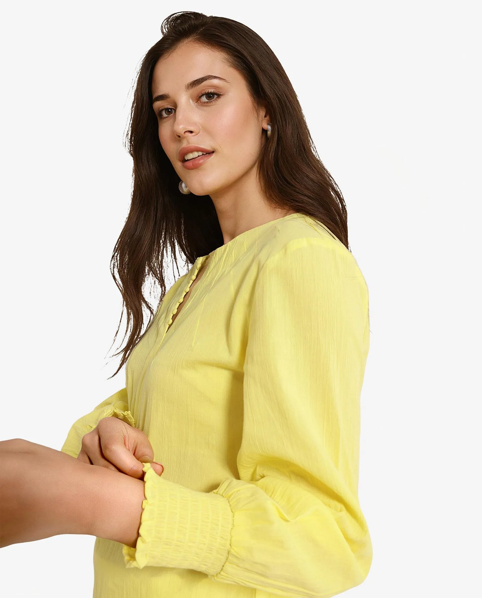 Rareism Women Mante Yellow Bishop Sleeve Round Neck Plain Top