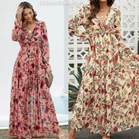 Retro Floral Long Sleeve Ruffle Tiered Flowing V-neck Maxi Dress