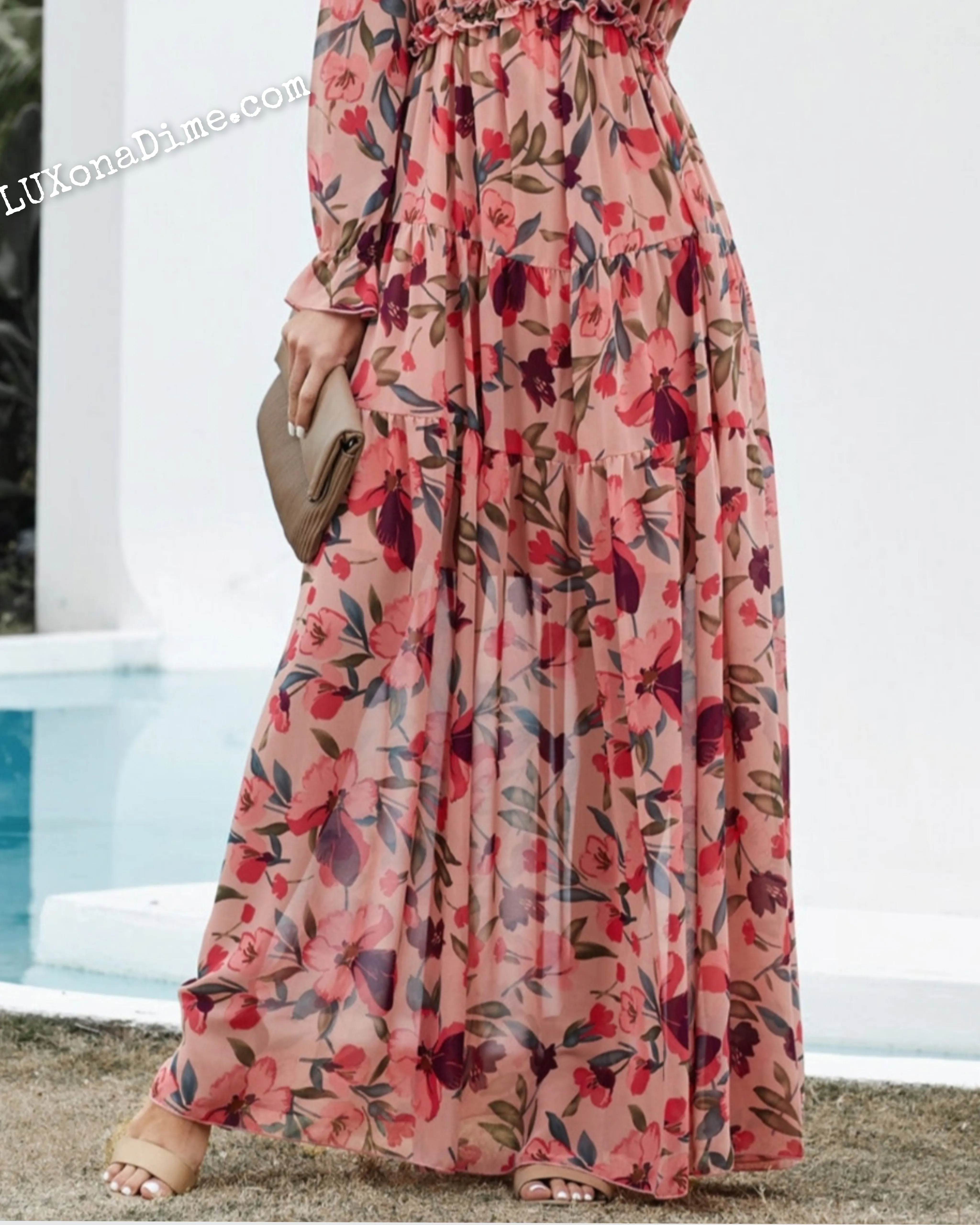 Retro Floral Long Sleeve Ruffle Tiered Flowing V-neck Maxi Dress