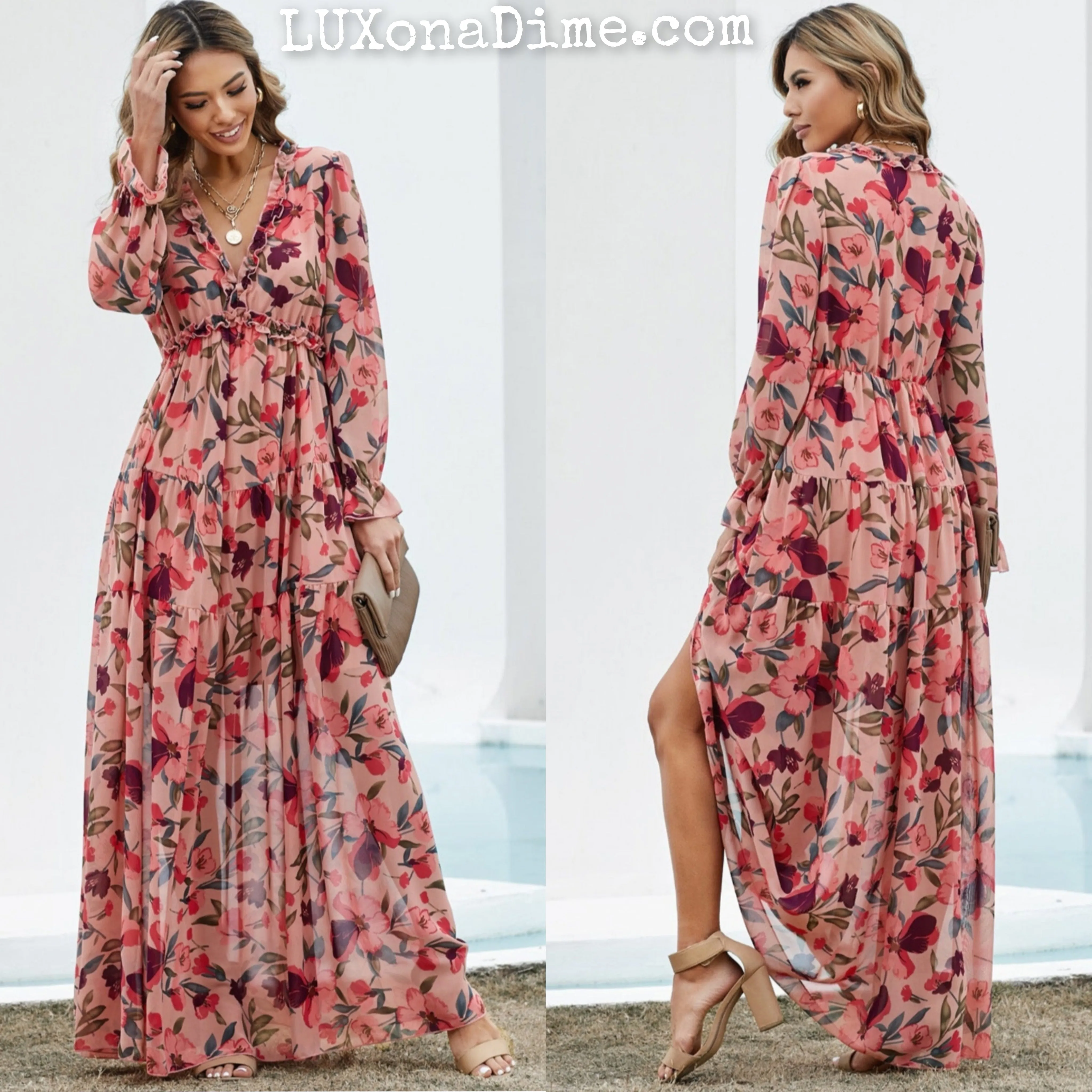 Retro Floral Long Sleeve Ruffle Tiered Flowing V-neck Maxi Dress