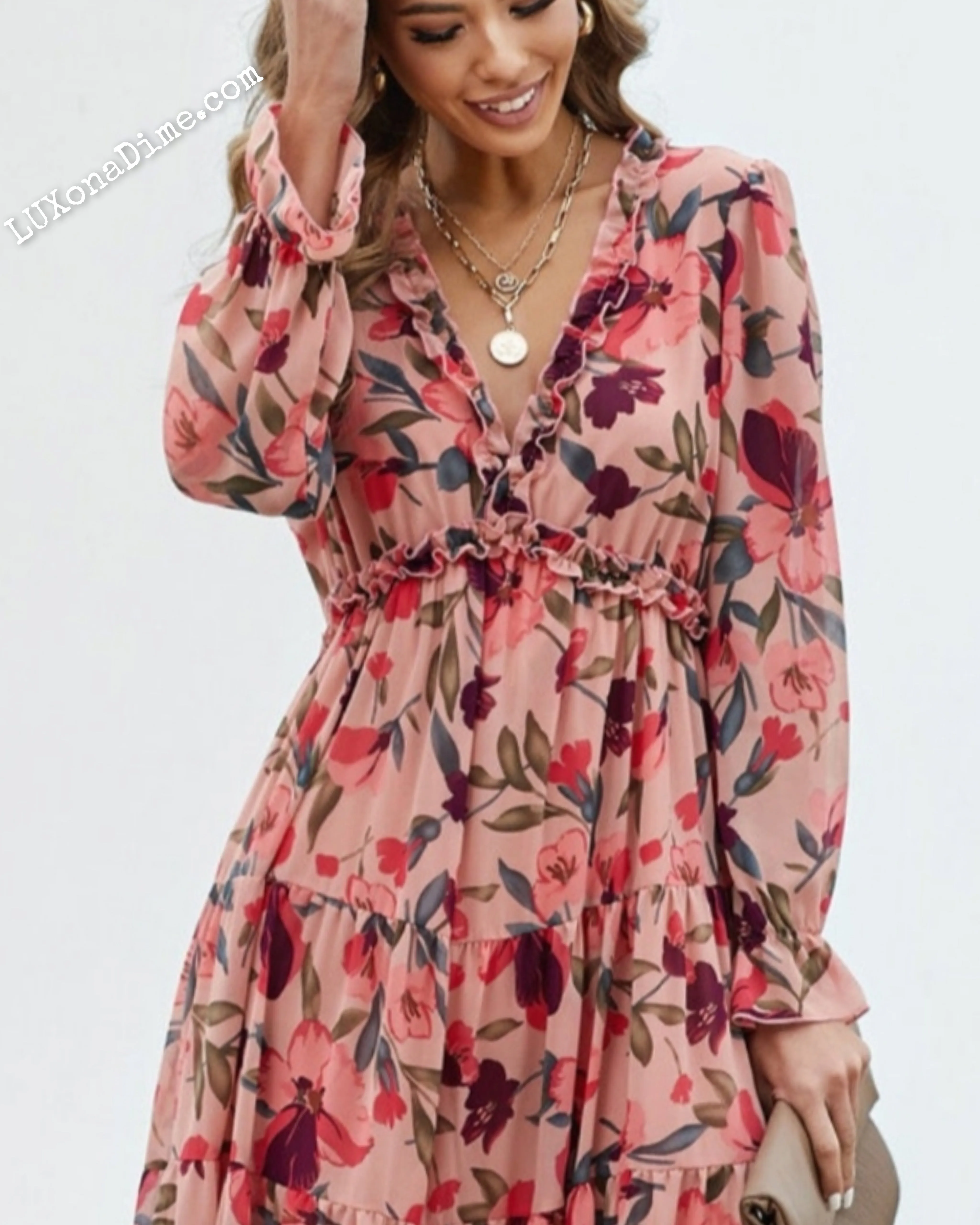 Retro Floral Long Sleeve Ruffle Tiered Flowing V-neck Maxi Dress