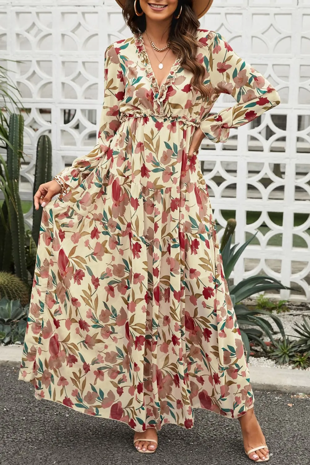 Retro Floral Long Sleeve Ruffle Tiered Flowing V-neck Maxi Dress