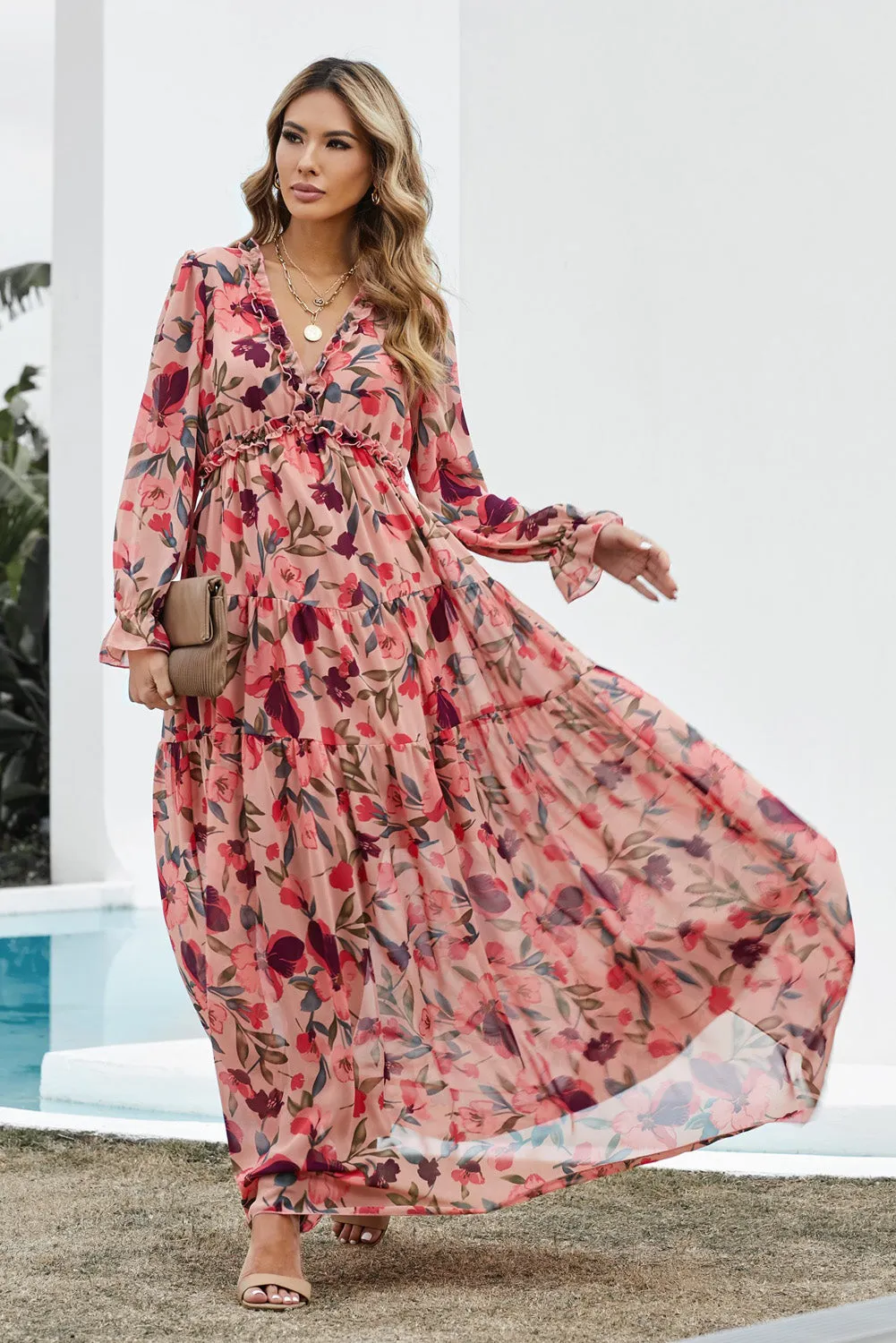 Retro Floral Long Sleeve Ruffle Tiered Flowing V-neck Maxi Dress