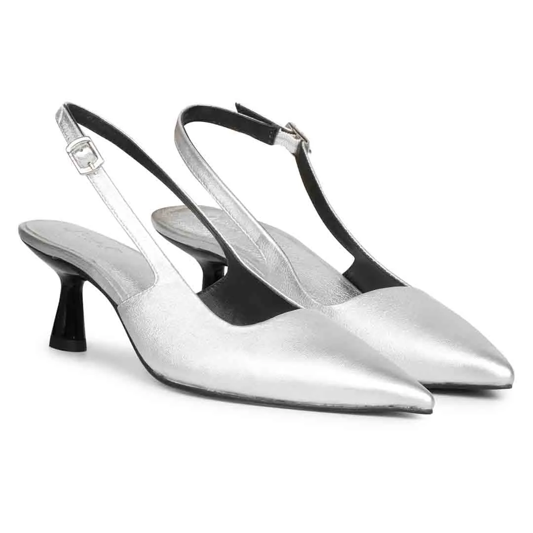 Saint Cynara Silver Sling Back Kitten Heels Pump