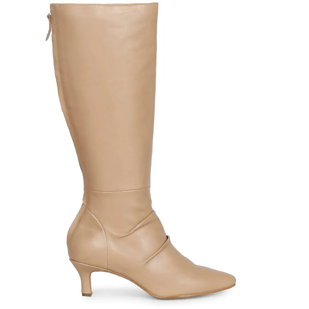 Saint Nadine Nude Leather Slouchy Kitten Heel Long Boots