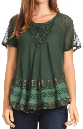 Sakkas Diane Short Sleeve Slim Top Blouse with Sequin Embroidery & Golden Print