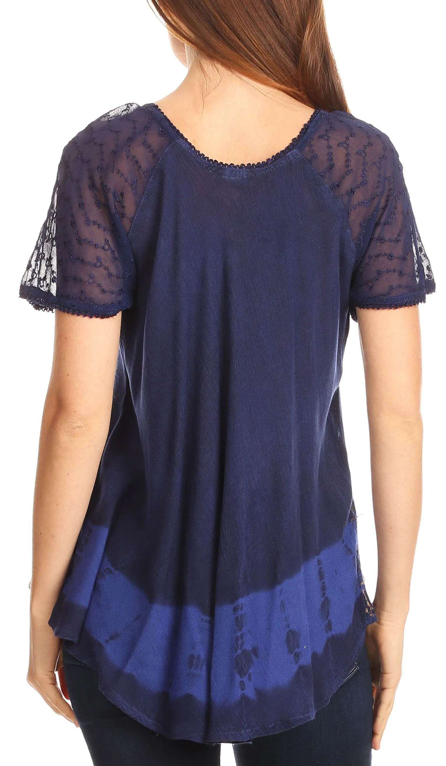 Sakkas Diane Short Sleeve Slim Top Blouse with Sequin Embroidery & Golden Print