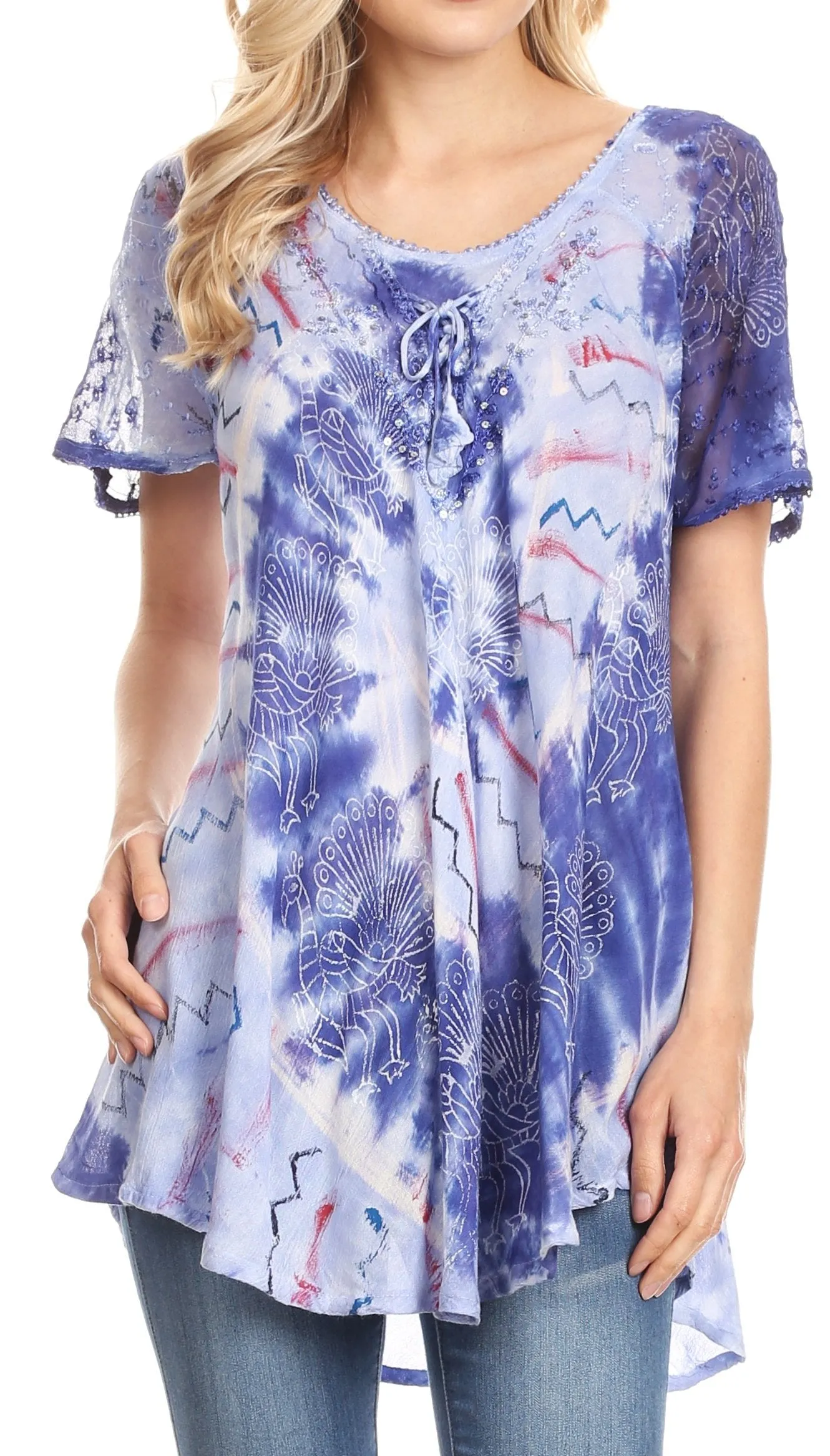 Sakkas Hira Women Short Sleeve Eyelet Lace Blouse Top in Tie-dye with Corset Flowy