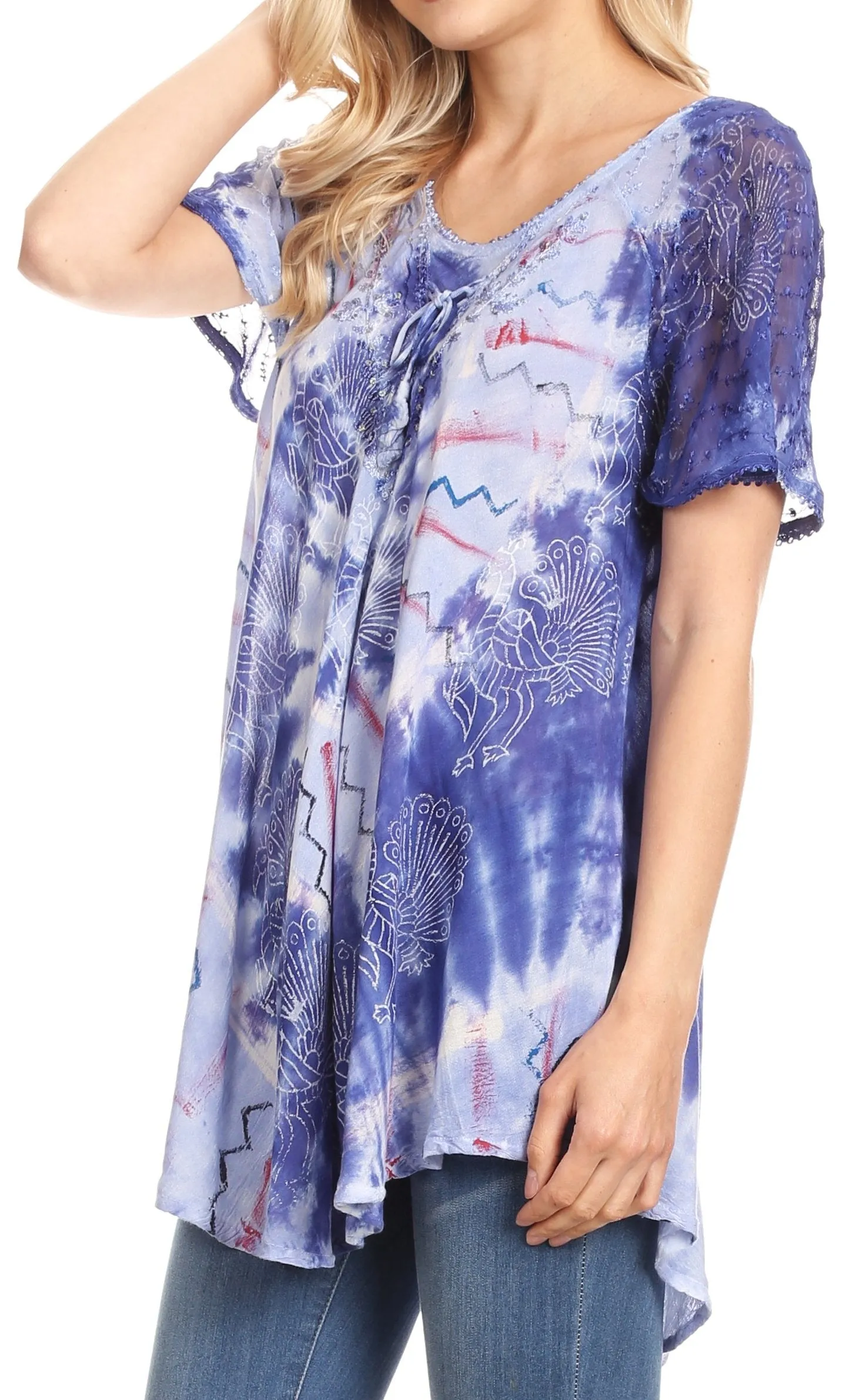 Sakkas Hira Women Short Sleeve Eyelet Lace Blouse Top in Tie-dye with Corset Flowy