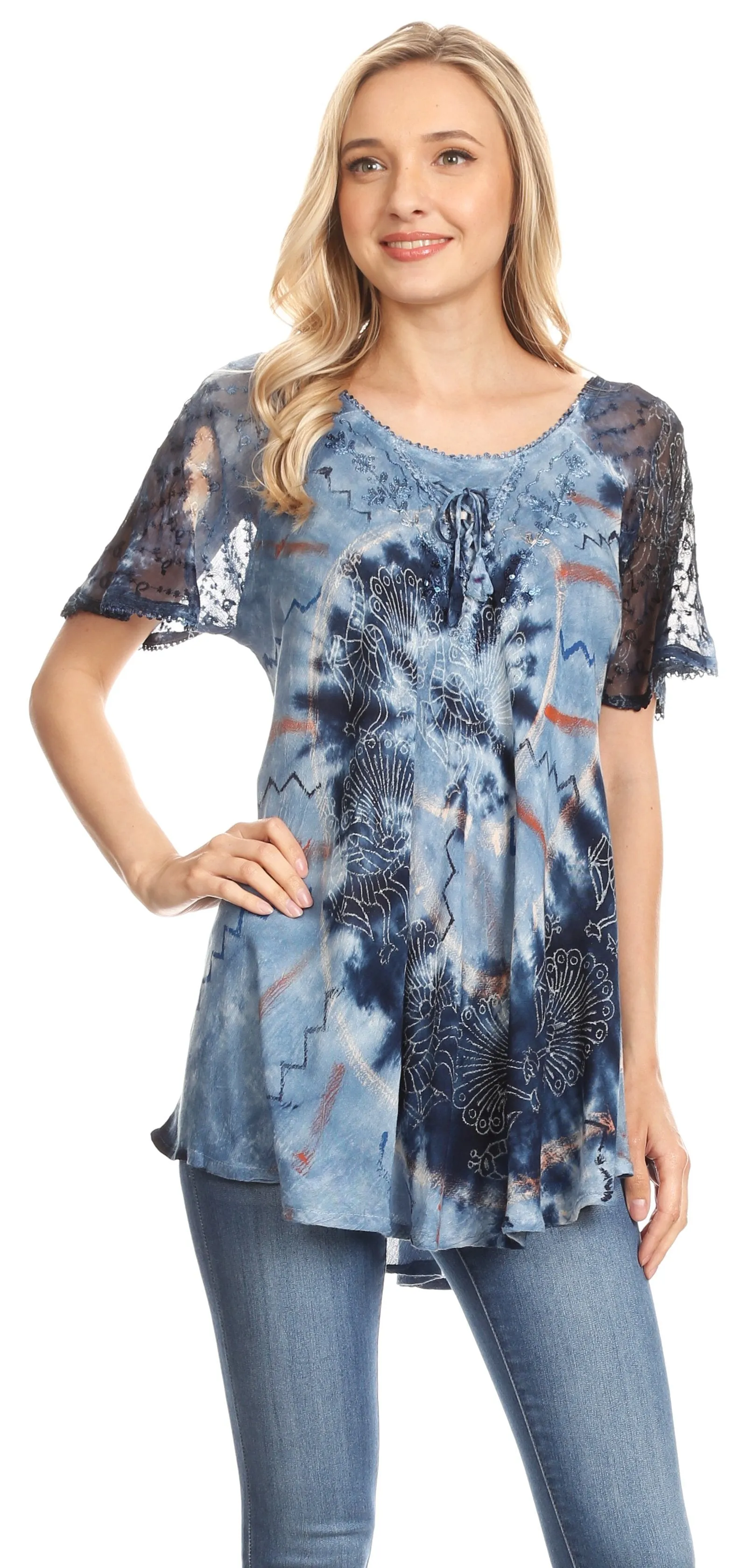 Sakkas Hira Women Short Sleeve Eyelet Lace Blouse Top in Tie-dye with Corset Flowy