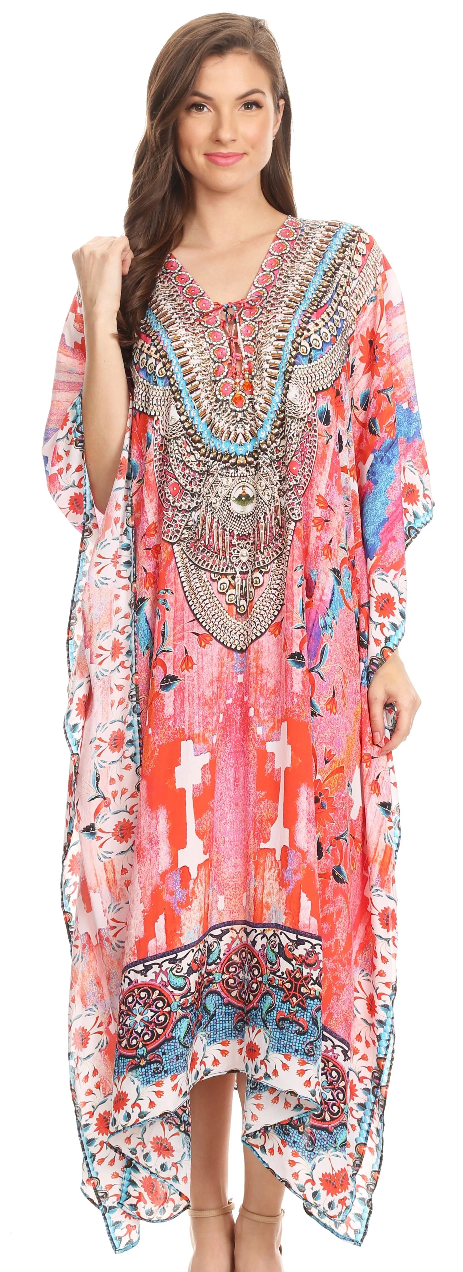 Sakkas Imani V-neck Silky Lightweight Colorful Flowy Rhinestone Kaftan / Cover Up