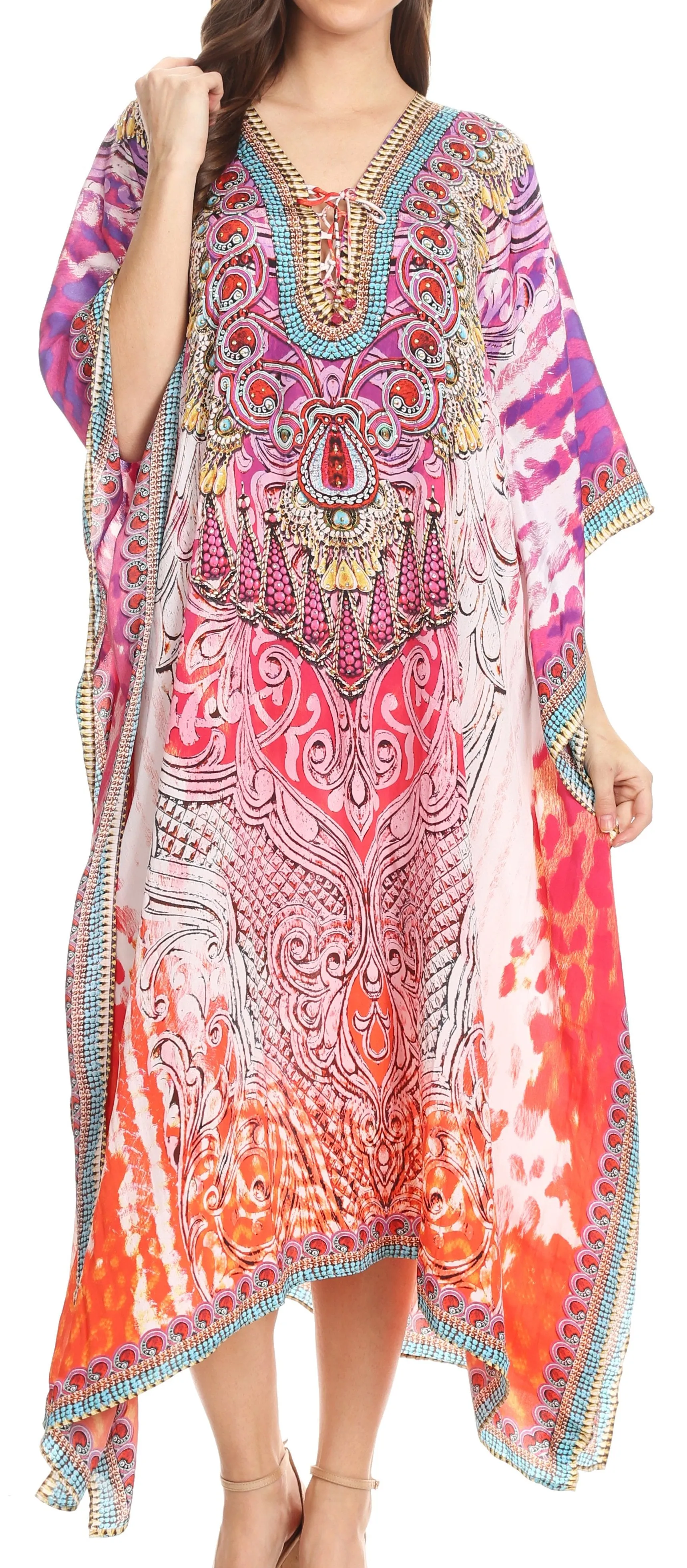 Sakkas Imani V-neck Silky Lightweight Colorful Flowy Rhinestone Kaftan / Cover Up