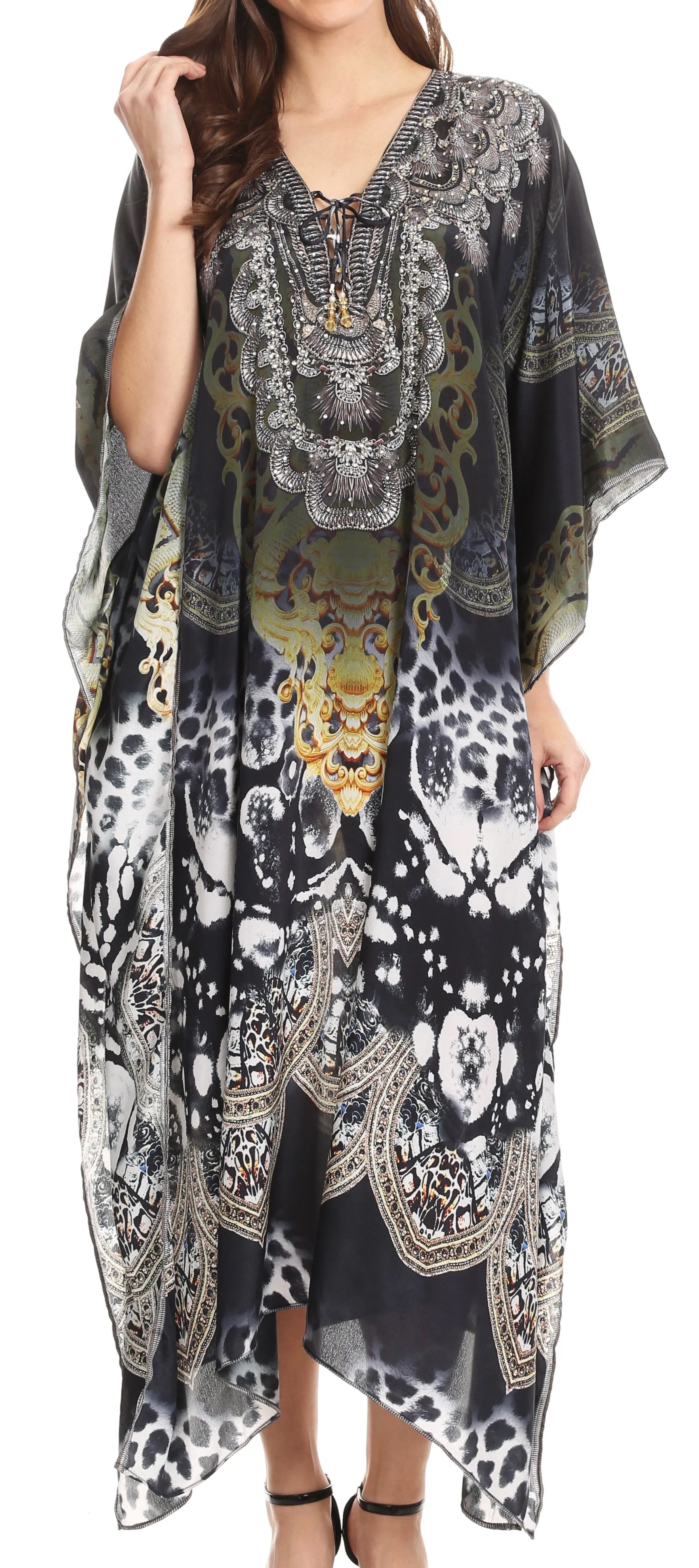 Sakkas Imani V-neck Silky Lightweight Colorful Flowy Rhinestone Kaftan / Cover Up