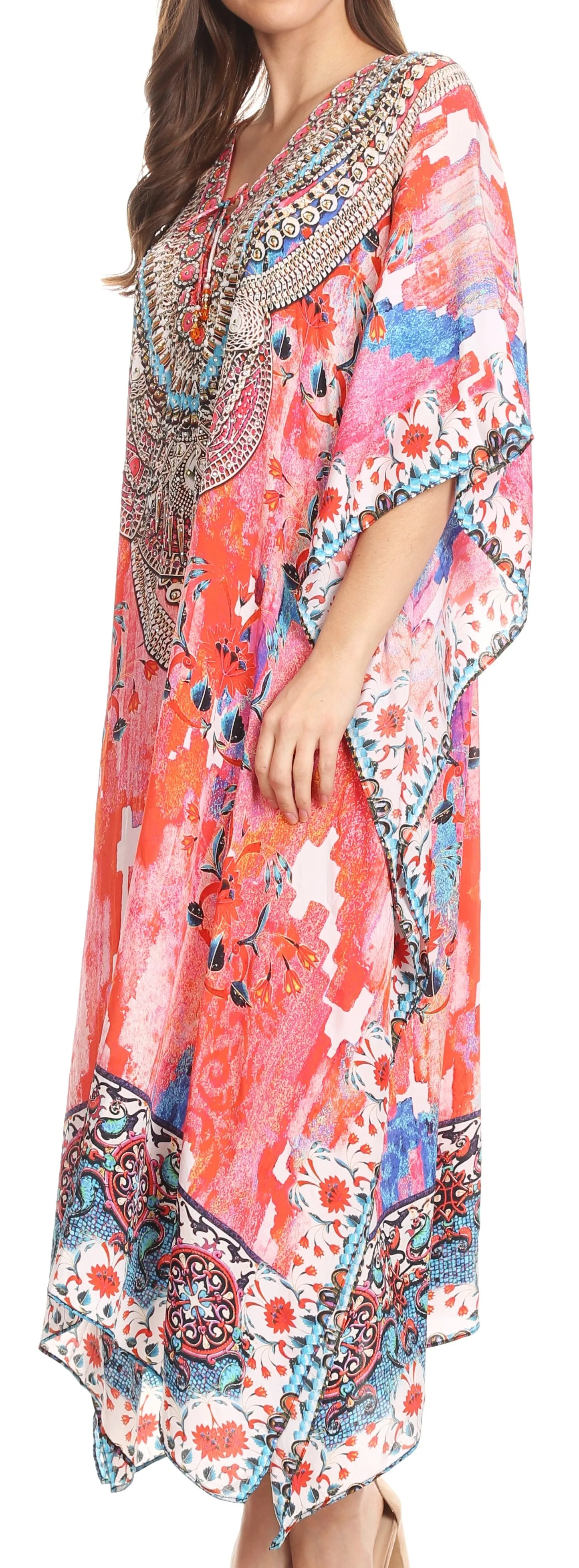 Sakkas Imani V-neck Silky Lightweight Colorful Flowy Rhinestone Kaftan / Cover Up