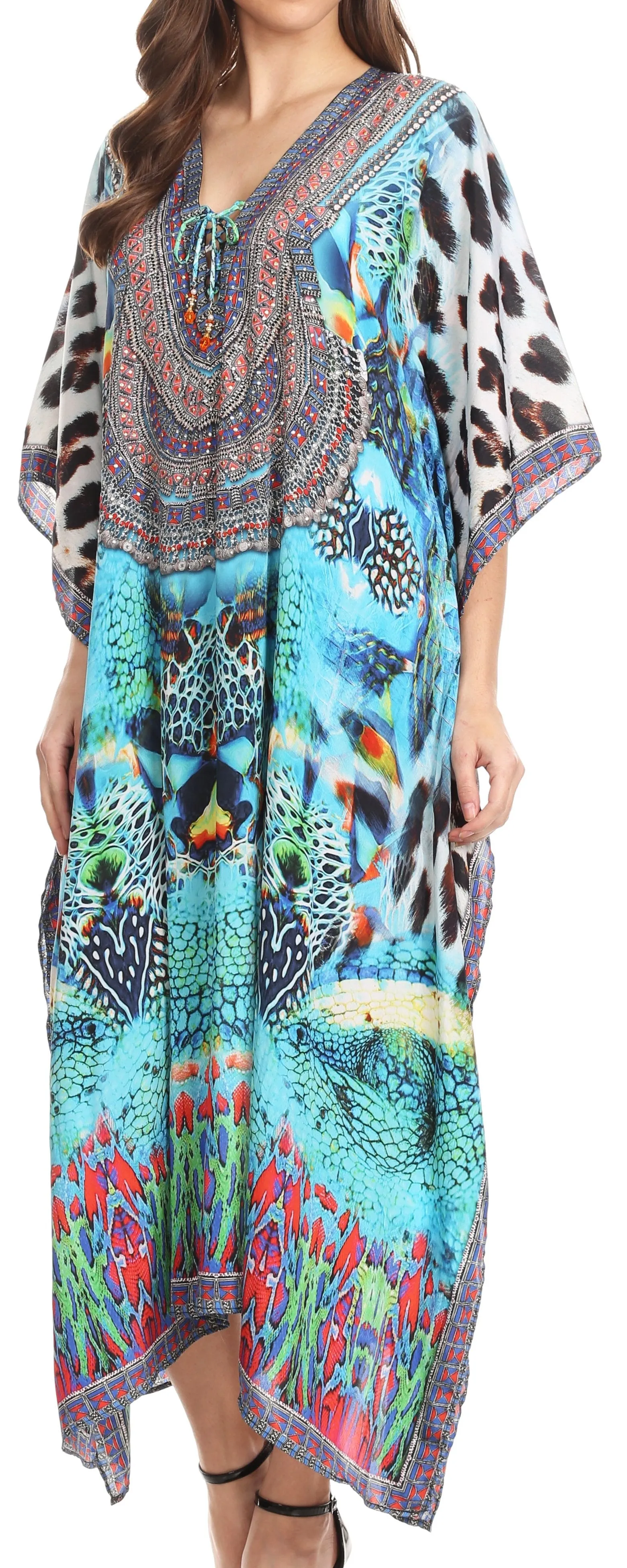 Sakkas Imani V-neck Silky Lightweight Colorful Flowy Rhinestone Kaftan / Cover Up