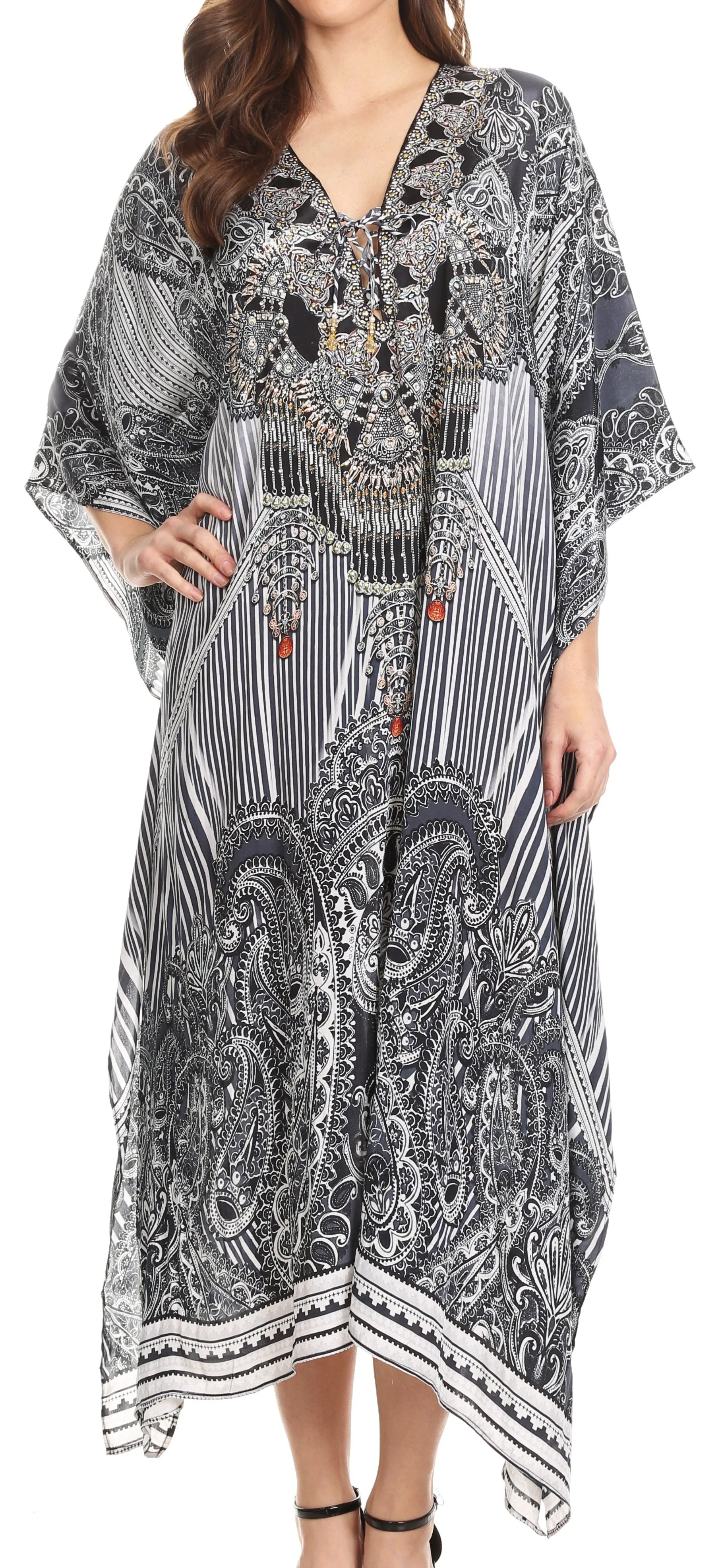 Sakkas Imani V-neck Silky Lightweight Colorful Flowy Rhinestone Kaftan / Cover Up