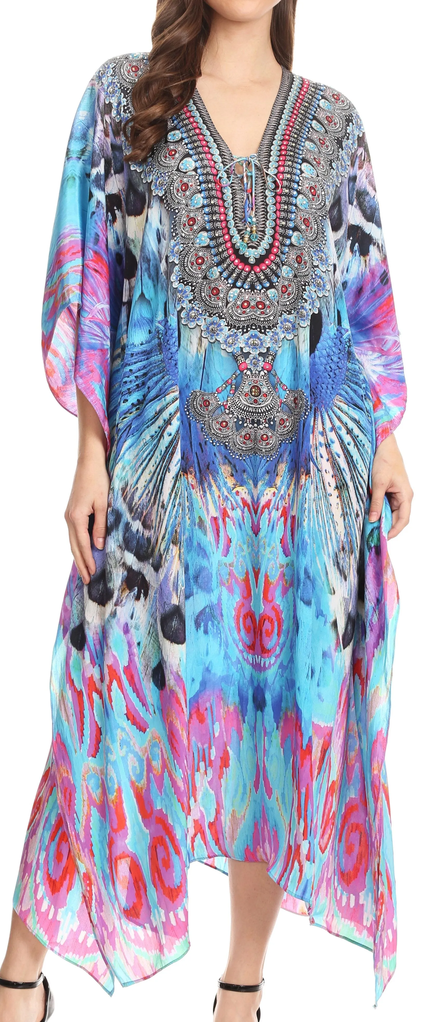 Sakkas Imani V-neck Silky Lightweight Colorful Flowy Rhinestone Kaftan / Cover Up