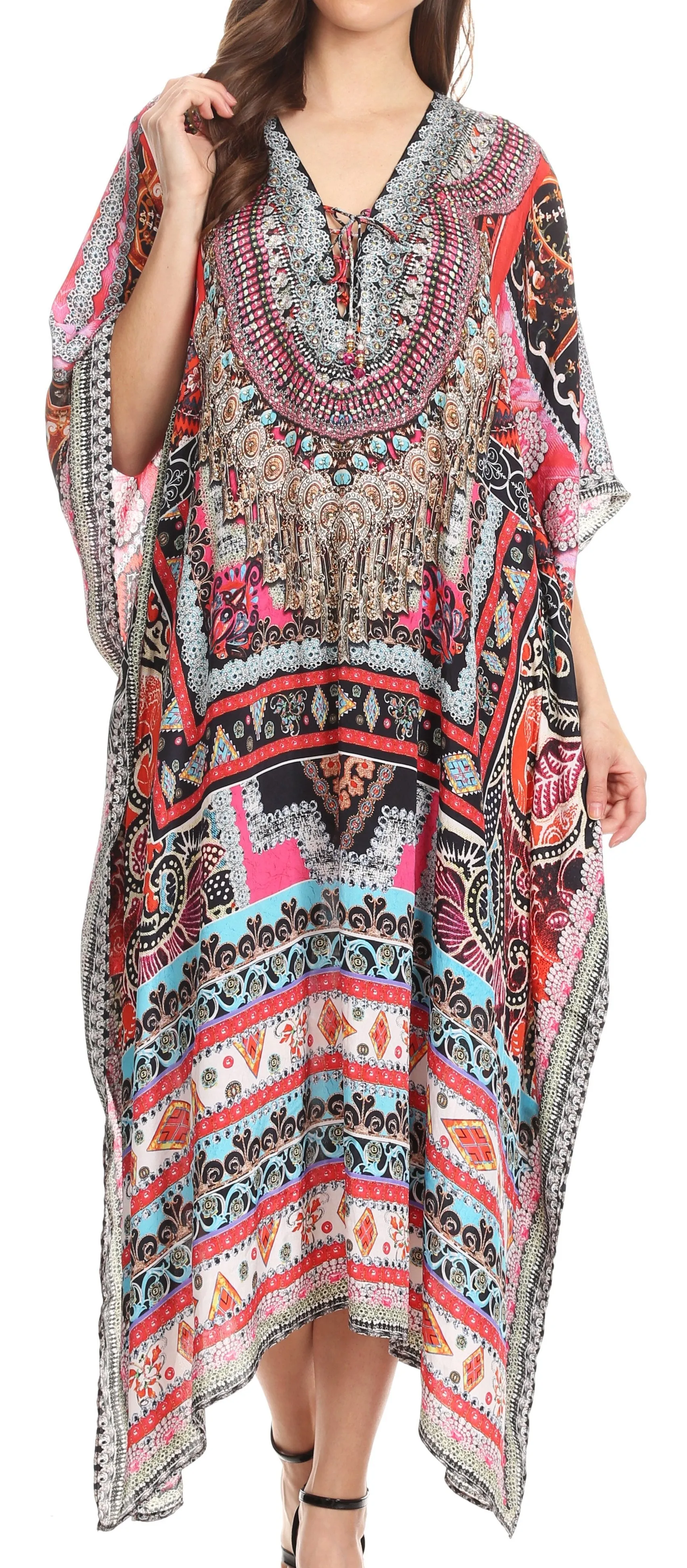 Sakkas Imani V-neck Silky Lightweight Colorful Flowy Rhinestone Kaftan / Cover Up