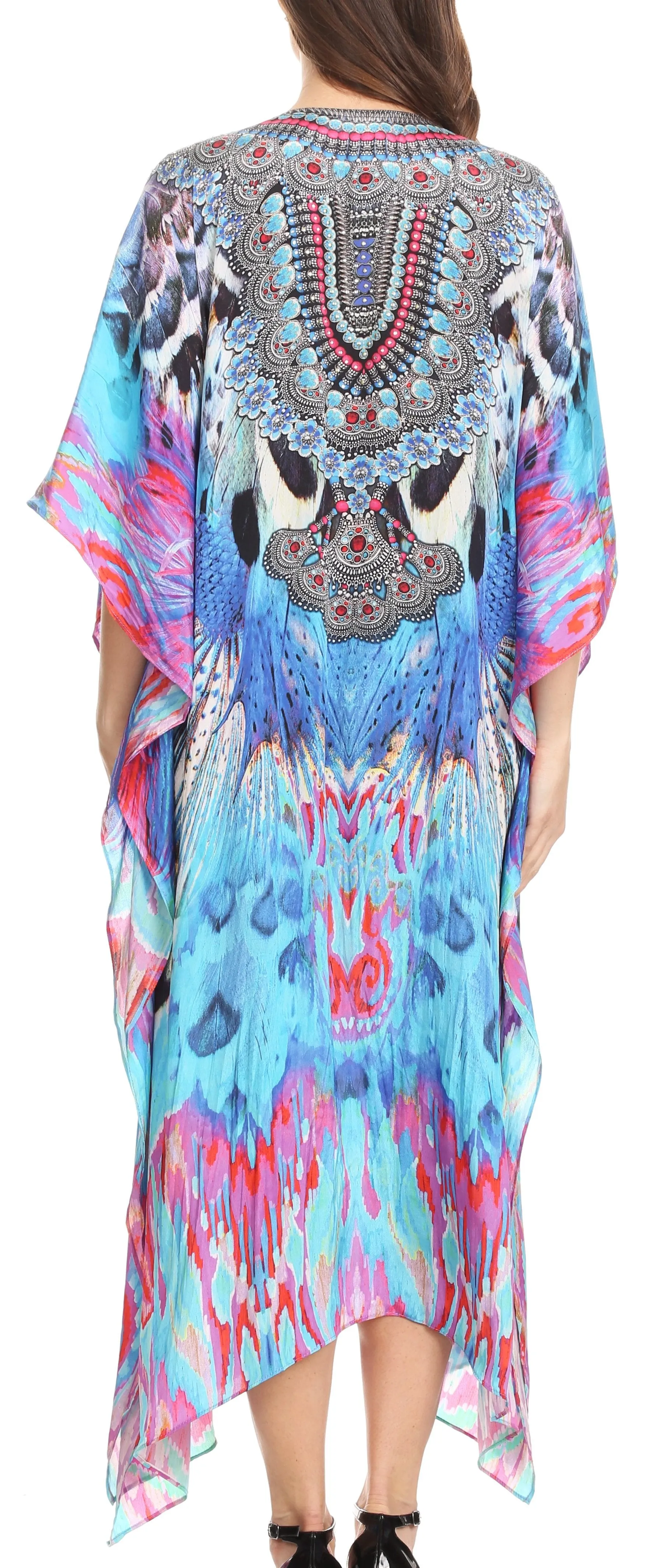 Sakkas Imani V-neck Silky Lightweight Colorful Flowy Rhinestone Kaftan / Cover Up