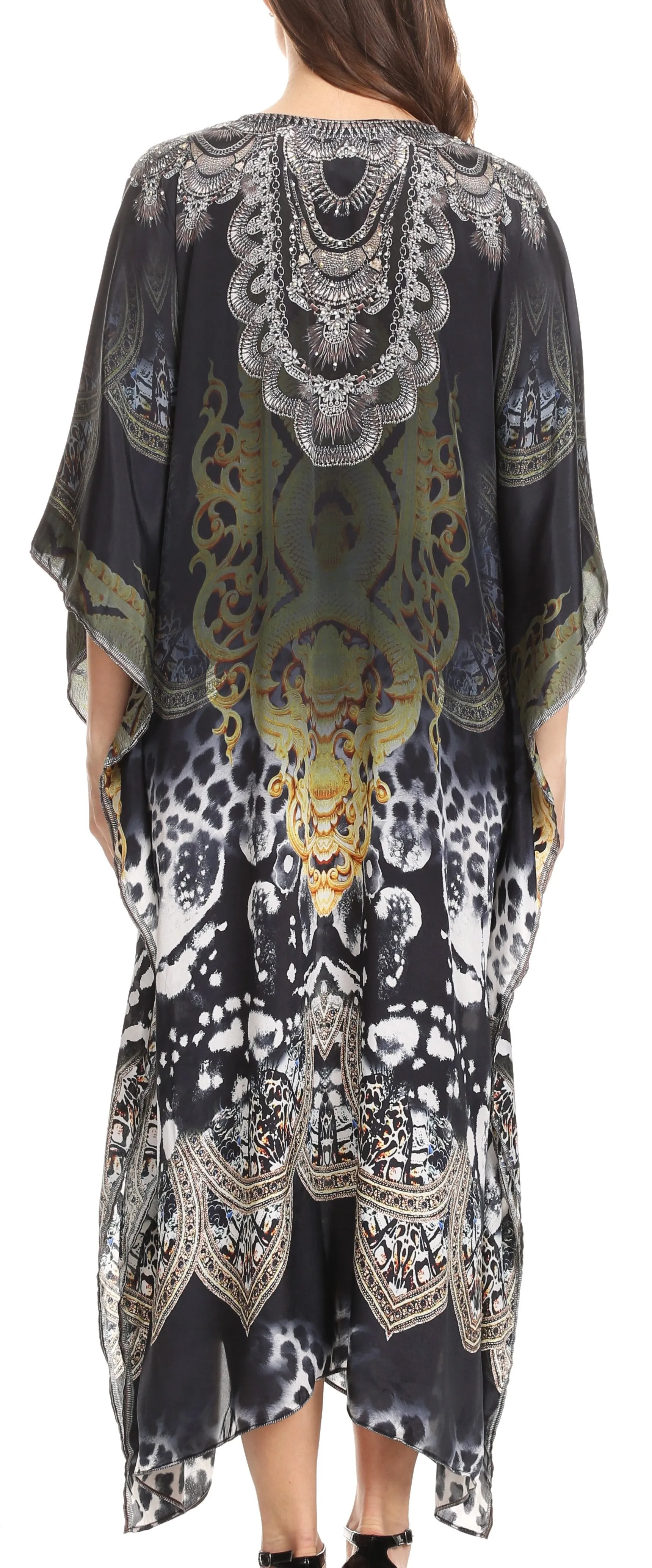 Sakkas Imani V-neck Silky Lightweight Colorful Flowy Rhinestone Kaftan / Cover Up