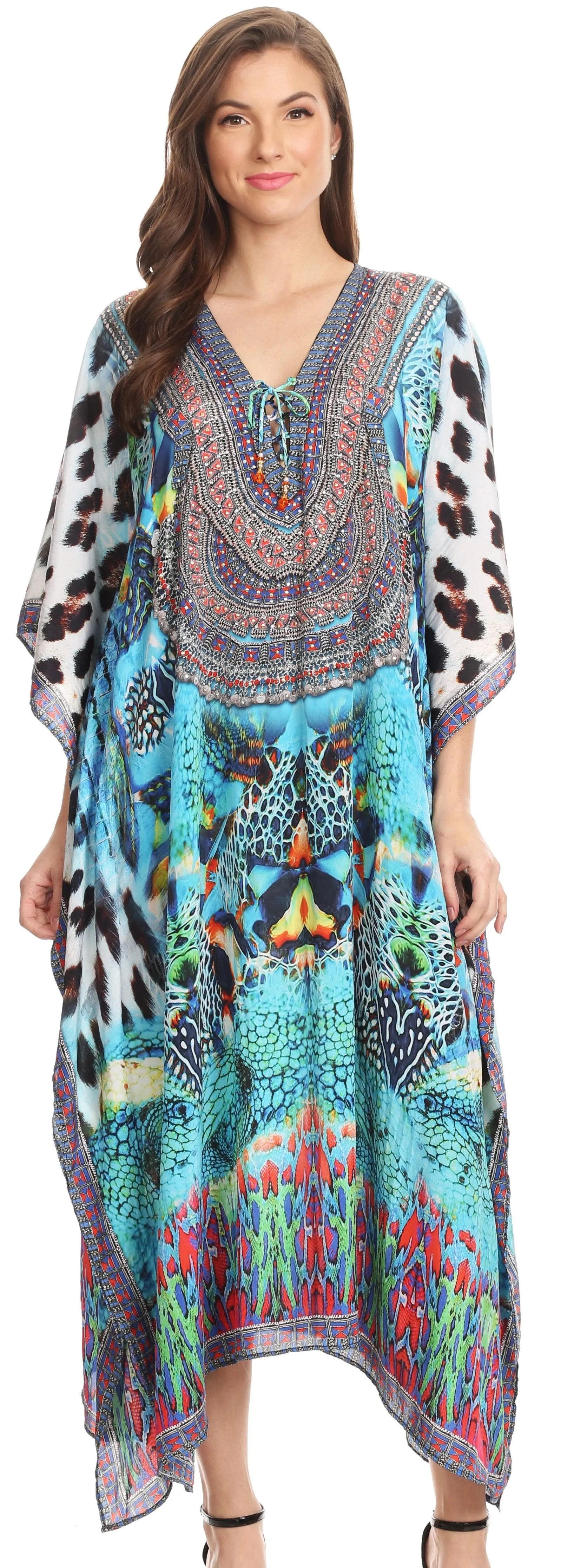 Sakkas Imani V-neck Silky Lightweight Colorful Flowy Rhinestone Kaftan / Cover Up