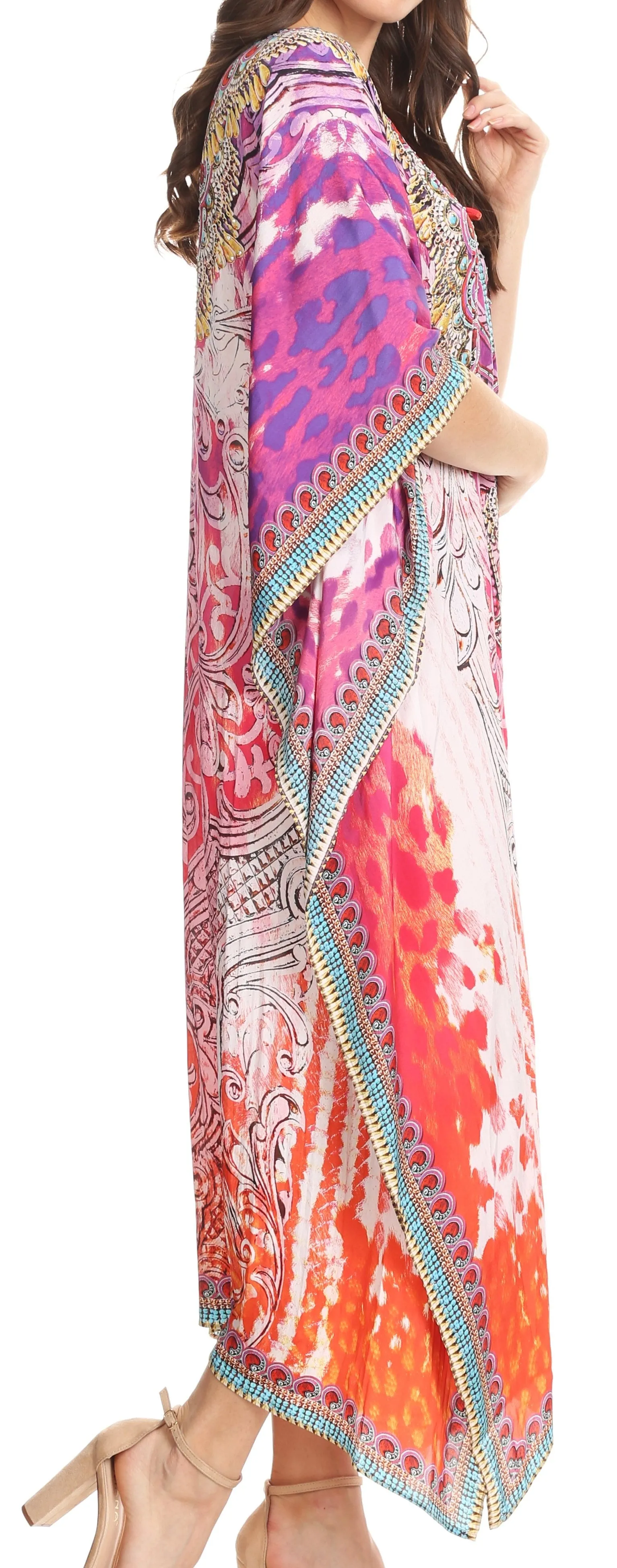 Sakkas Imani V-neck Silky Lightweight Colorful Flowy Rhinestone Kaftan / Cover Up