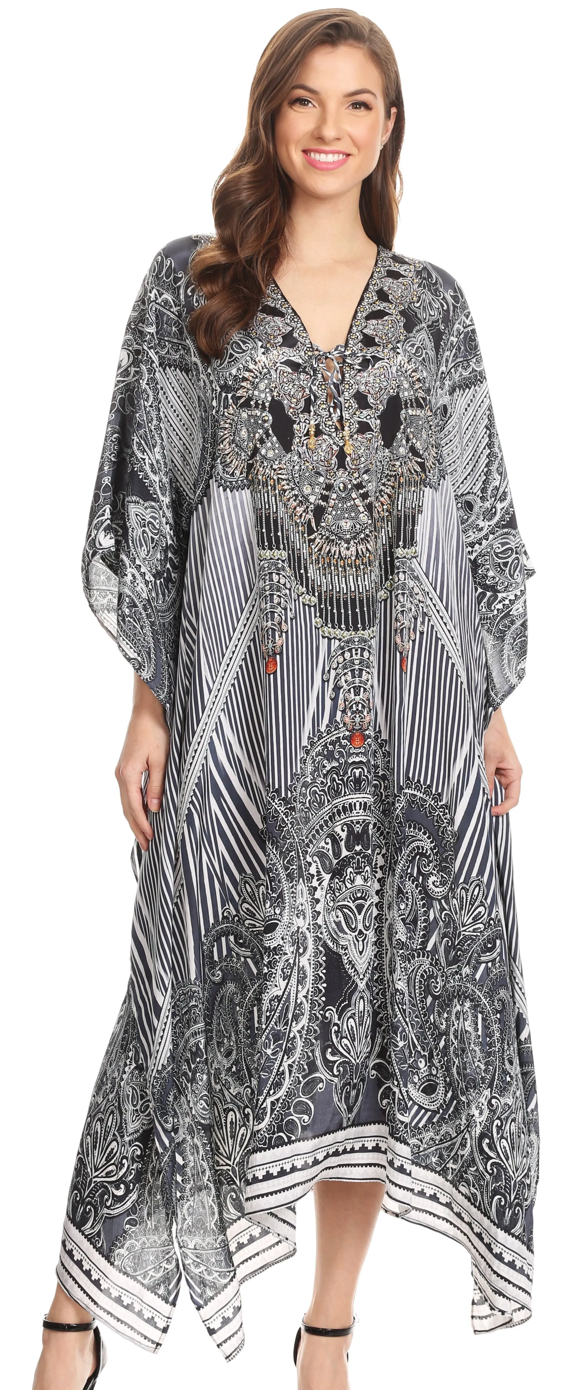 Sakkas Imani V-neck Silky Lightweight Colorful Flowy Rhinestone Kaftan / Cover Up