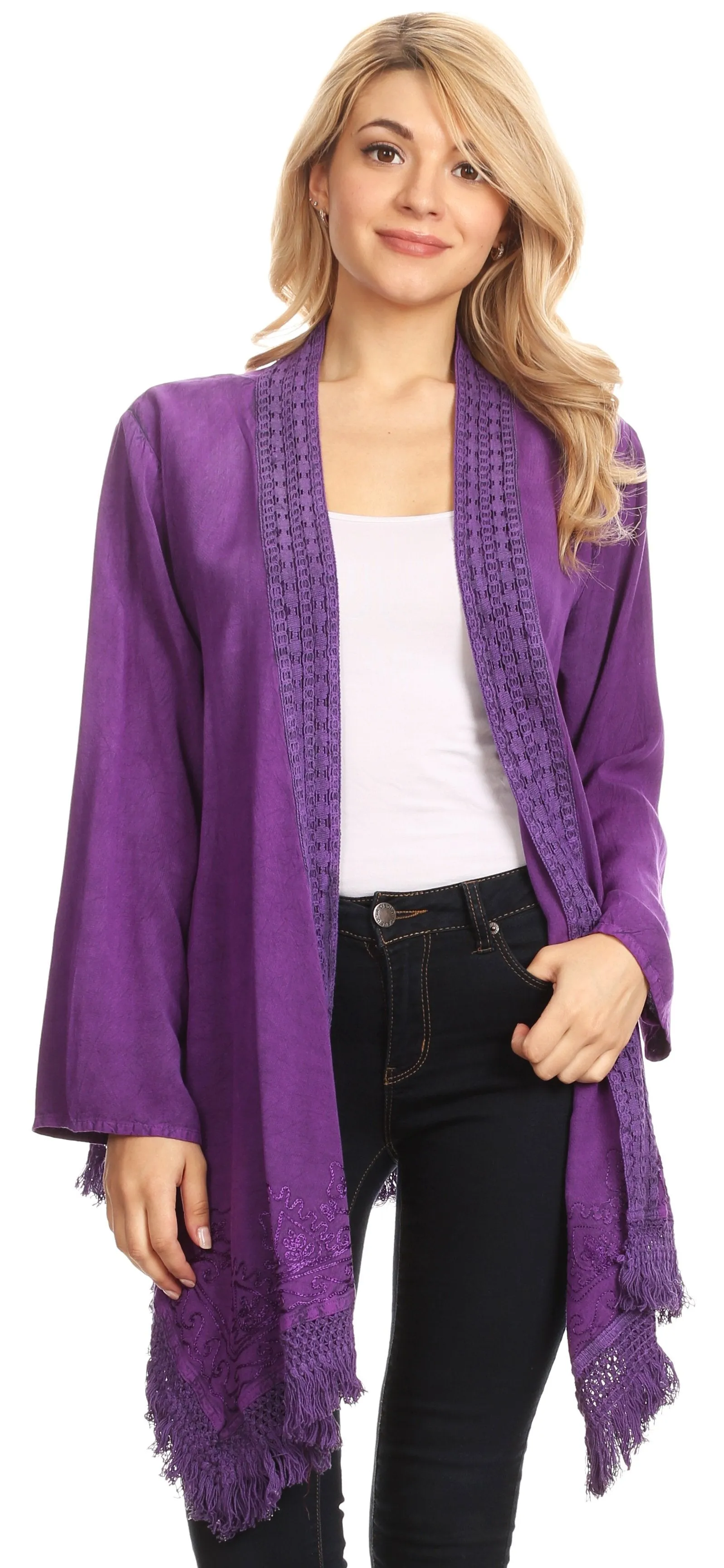 Sakkas Iris Womens Asymmetrical Cardigan Shrug Top with Embroidery and Fringe