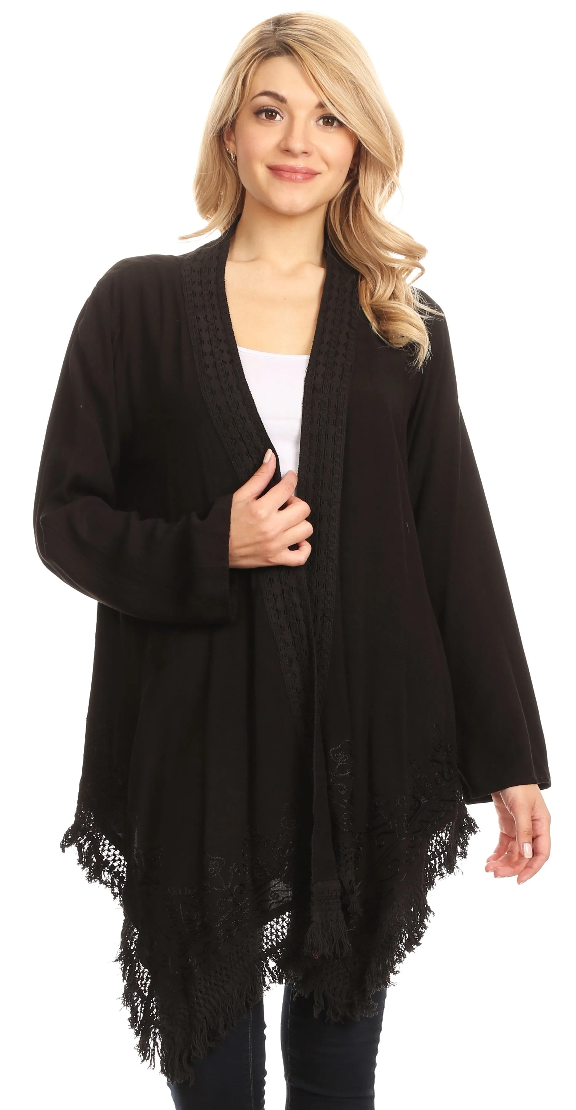 Sakkas Iris Womens Asymmetrical Cardigan Shrug Top with Embroidery and Fringe