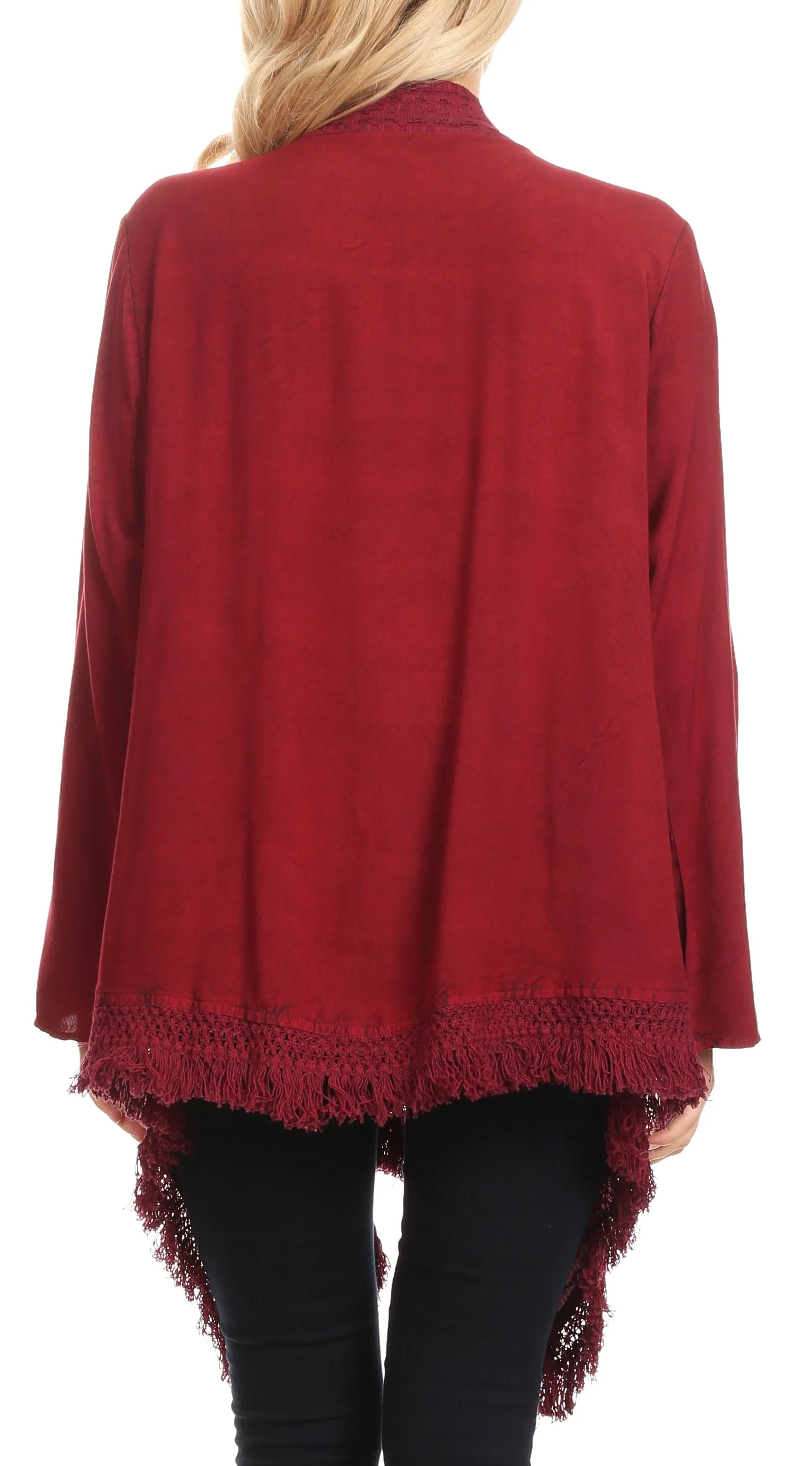 Sakkas Iris Womens Asymmetrical Cardigan Shrug Top with Embroidery and Fringe