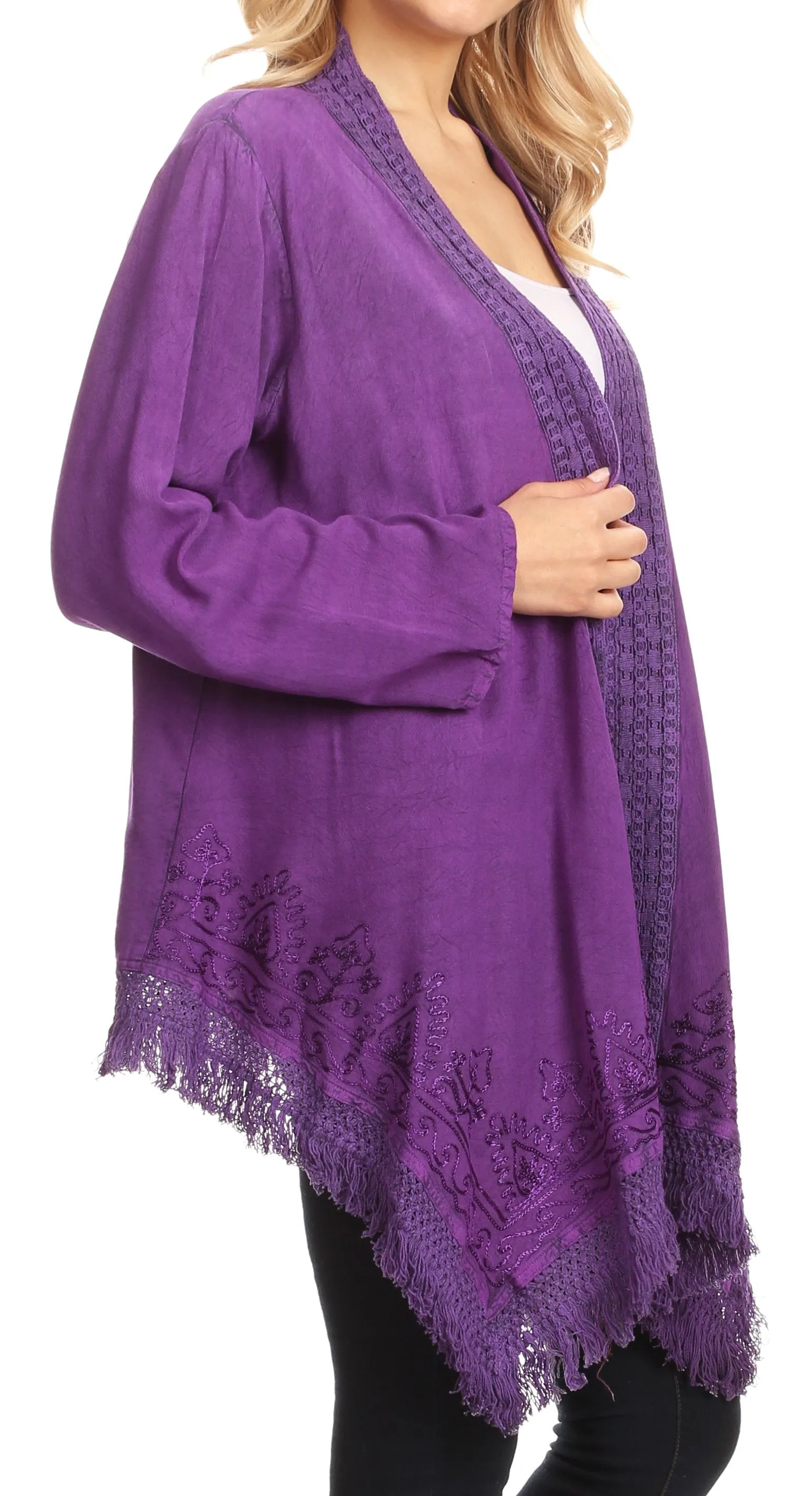 Sakkas Iris Womens Asymmetrical Cardigan Shrug Top with Embroidery and Fringe