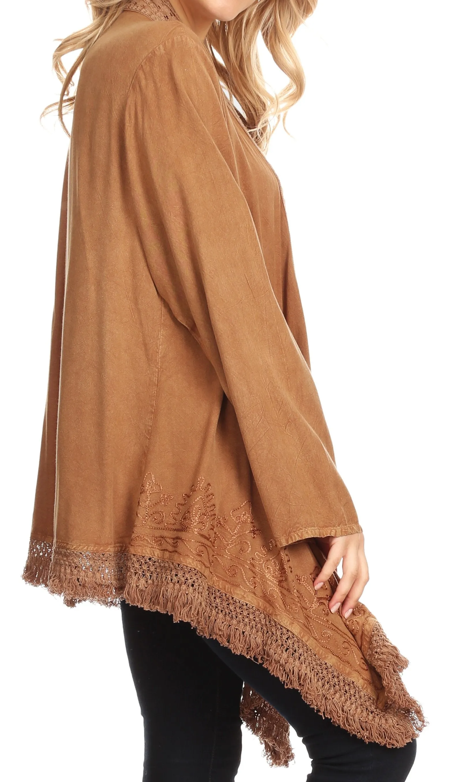 Sakkas Iris Womens Asymmetrical Cardigan Shrug Top with Embroidery and Fringe