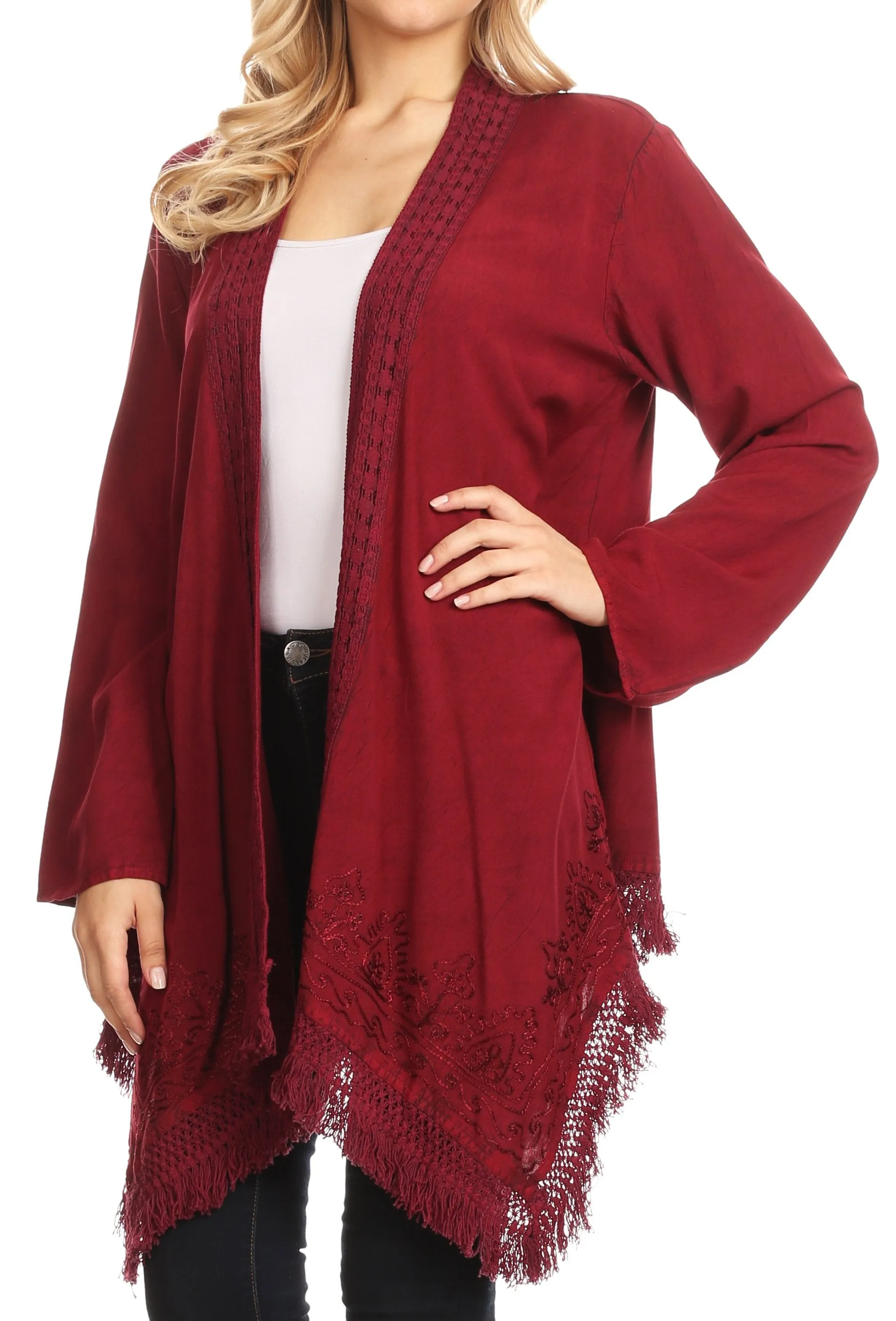 Sakkas Iris Womens Asymmetrical Cardigan Shrug Top with Embroidery and Fringe