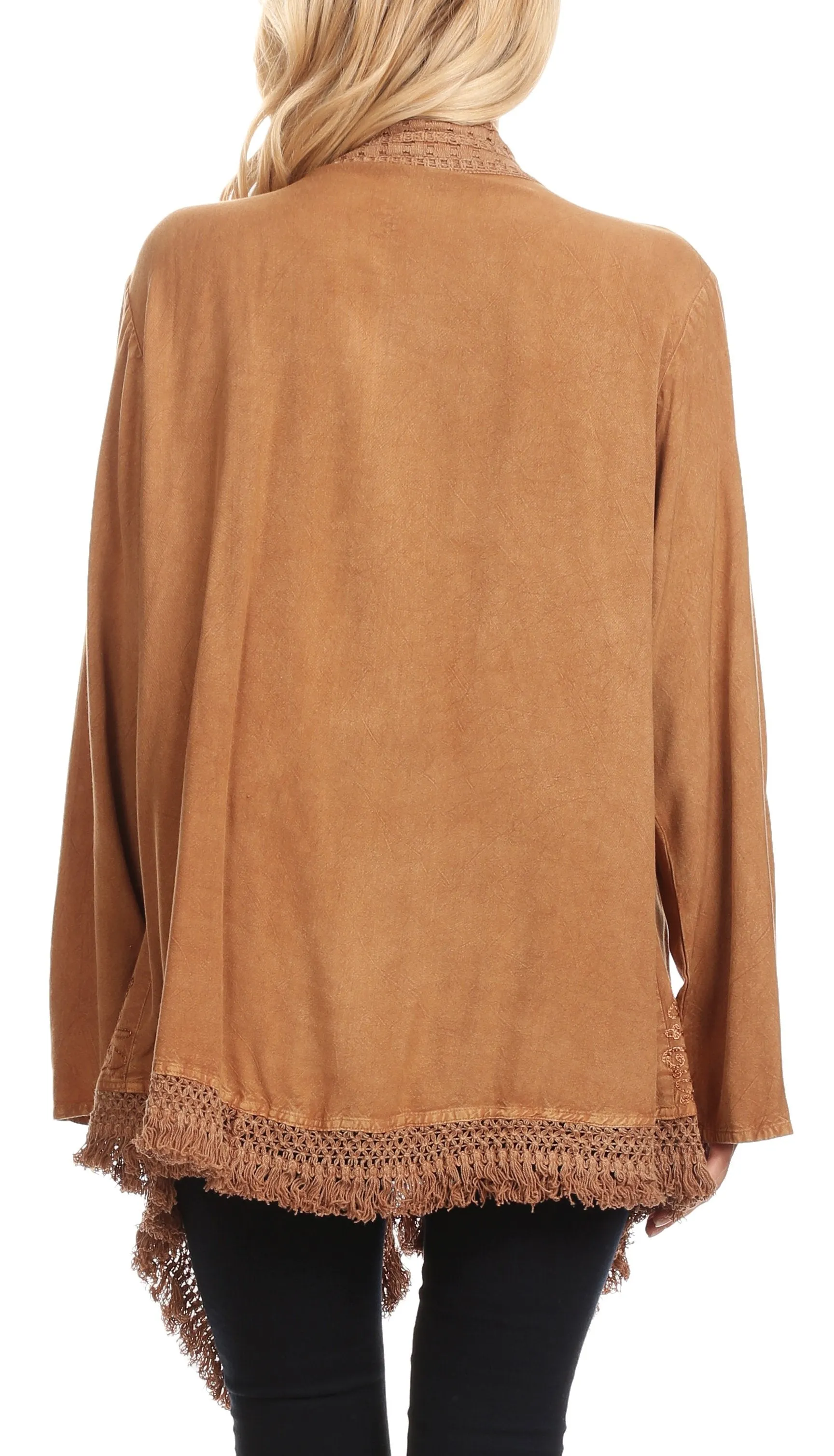 Sakkas Iris Womens Asymmetrical Cardigan Shrug Top with Embroidery and Fringe