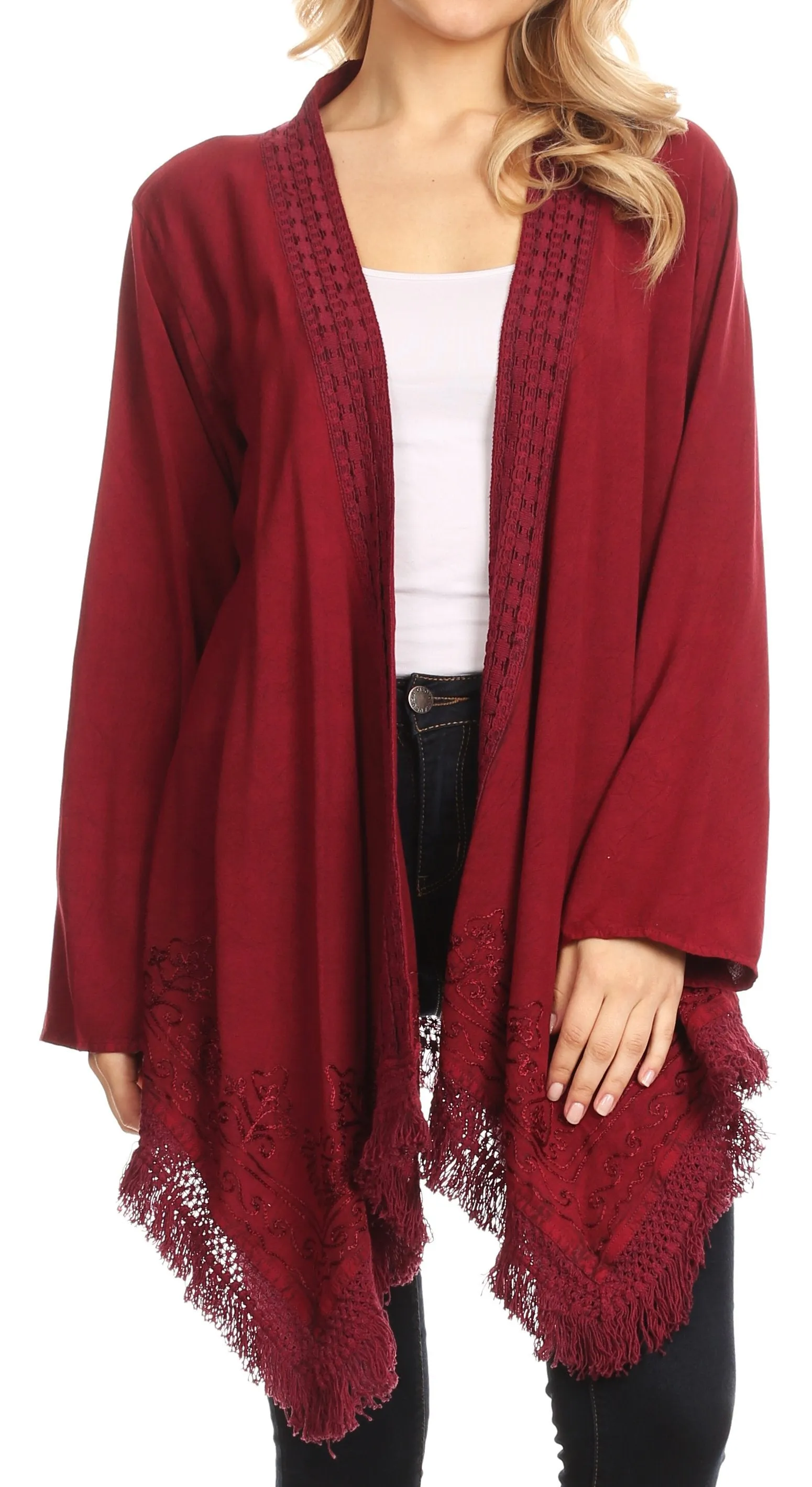 Sakkas Iris Womens Asymmetrical Cardigan Shrug Top with Embroidery and Fringe