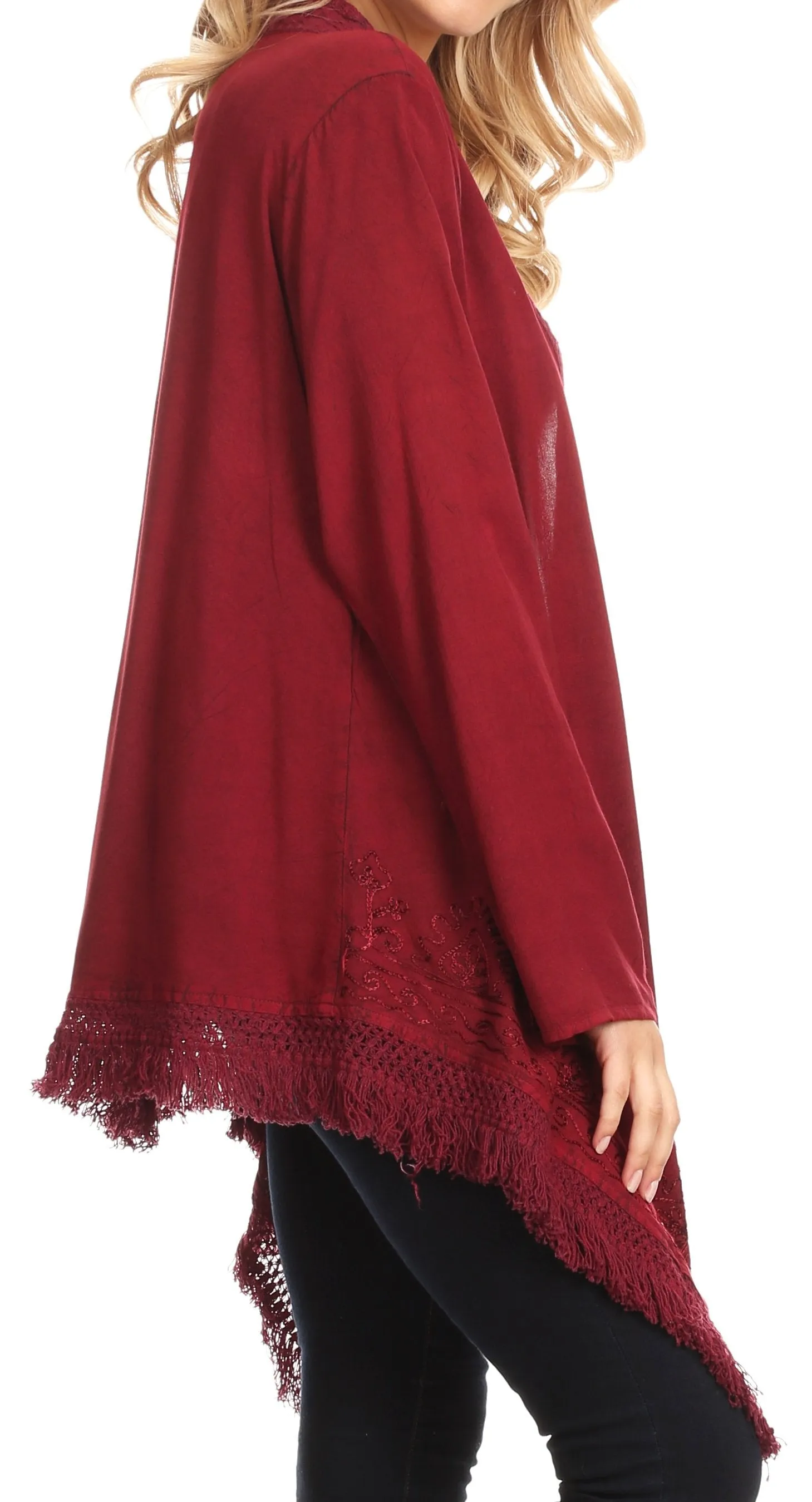 Sakkas Iris Womens Asymmetrical Cardigan Shrug Top with Embroidery and Fringe