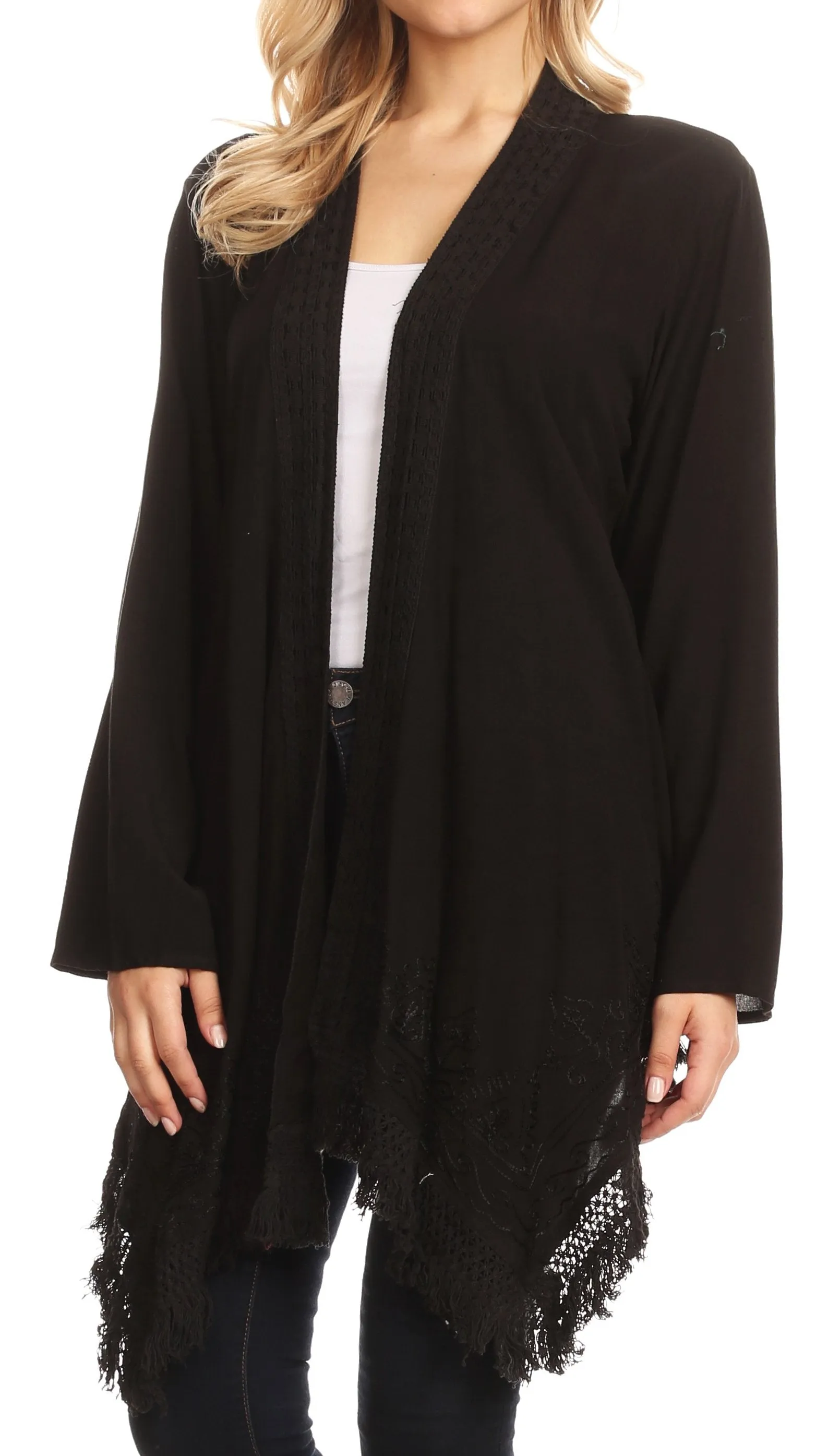 Sakkas Iris Womens Asymmetrical Cardigan Shrug Top with Embroidery and Fringe