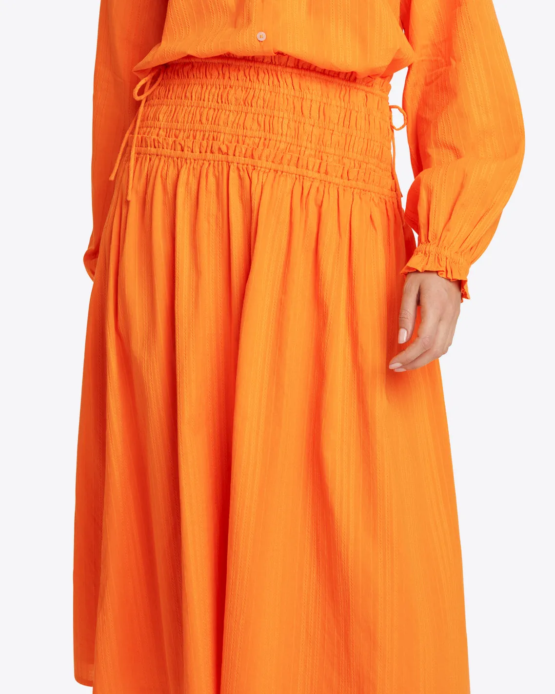 Smocked Waist Midi Skirt in Marigold Dobby Stripe